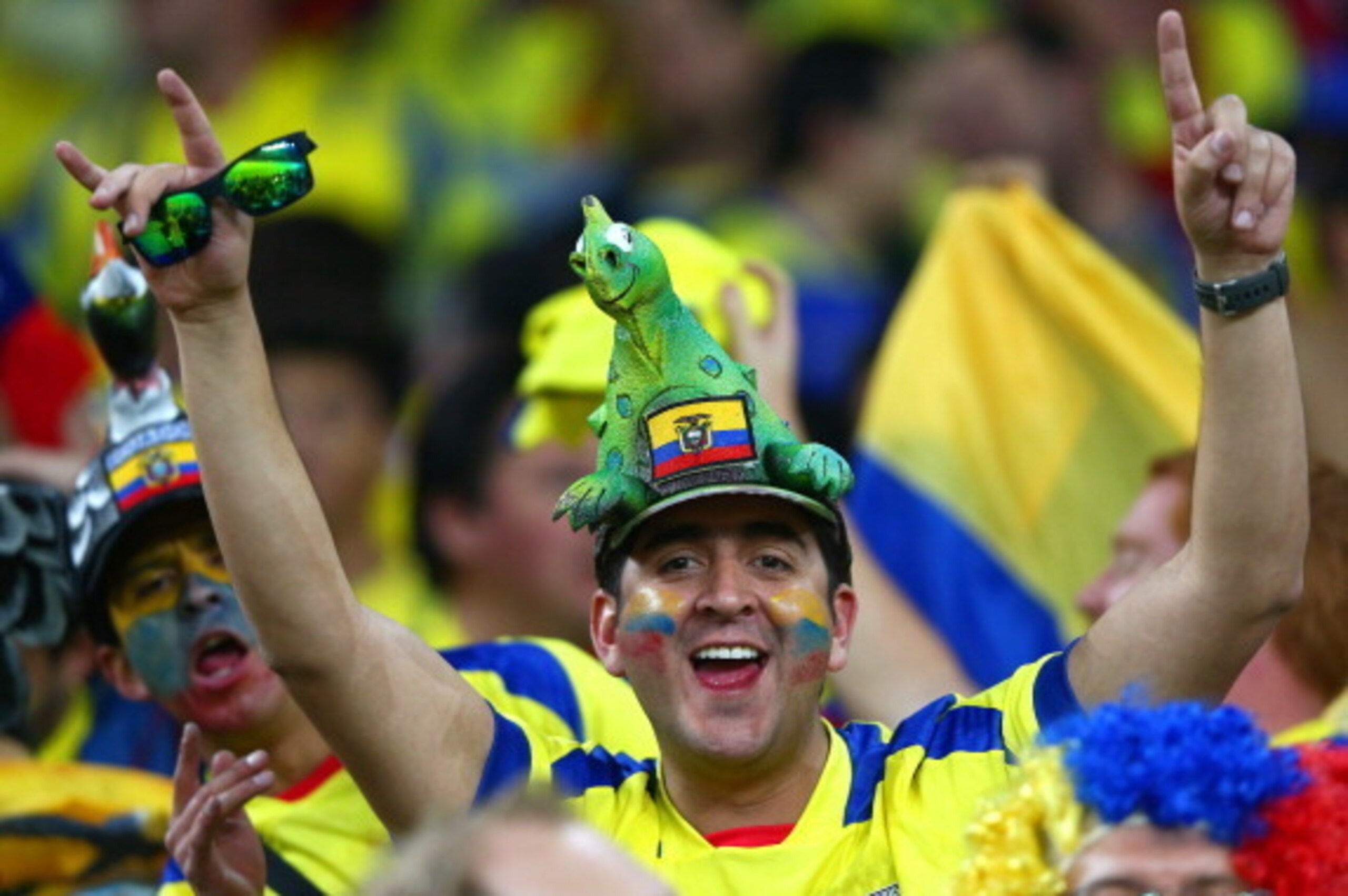 CURITIBA, BRAZIL - JUNE 20:  An Ecuador fan cheers during the 2014 FIFA World Cup Brazil Group E match between Honduras and Ecuador at Arena da Baixada on June 20, 2014 in Curitiba, Brazil.  (Photo by Jamie Squire/Getty Images)