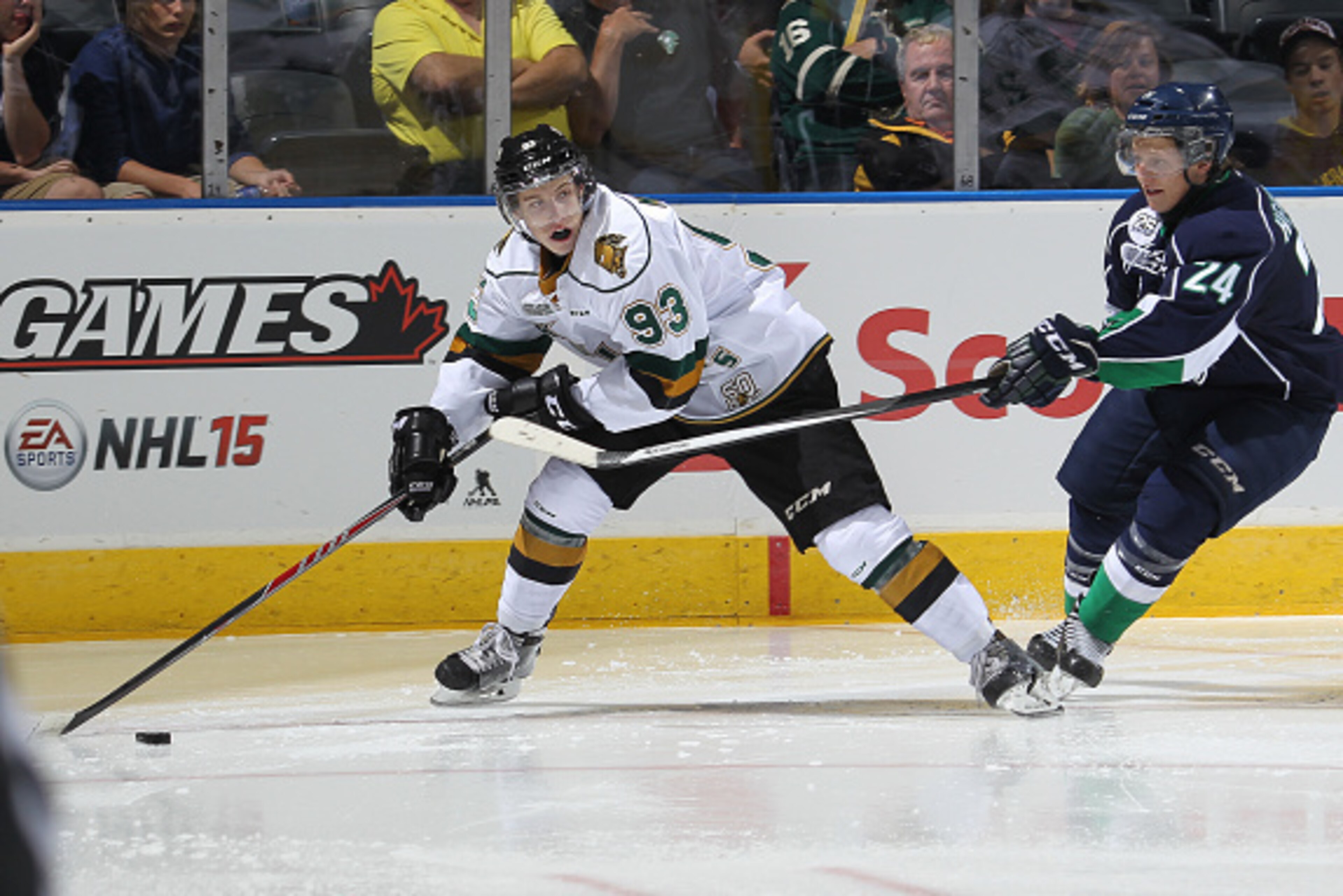 LONDON, ON - SEPTEMBER 26: Will Bitten #41 of the Plymouth Whalers checks Mitchell Marner #93 of the London Knights in an OHL game at Budweiser Gardens on September 26, 2014 in London, Ontario, Canada. The Whalers defeated the Knights 5-0. (Photo by Clau LONDON, ON - SEPTEMBER 26: Will Bitten #41 of the Plymouth Whalers checks Mitchell Marner #93 of the London Knights in an OHL game at Budweiser Gardens on September 26, 2014 in London, Ontario, Canada. The Whalers defeated the Knights 5-0. (Photo by Clau