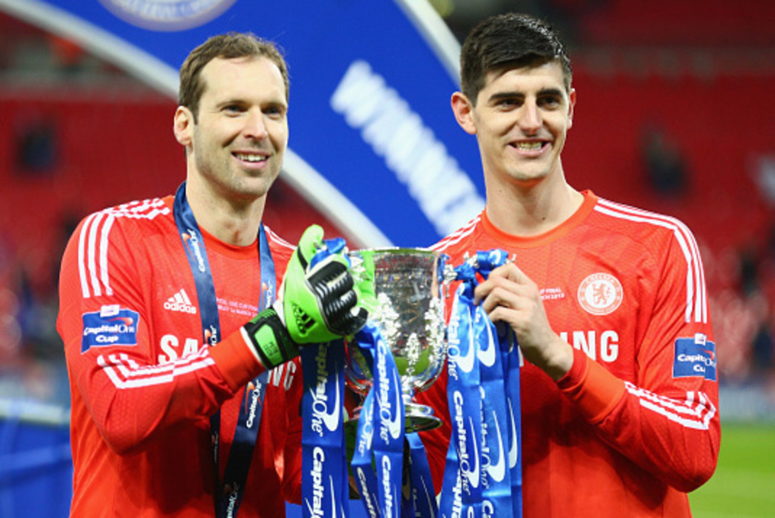 LONDON, ENGLAND - MARCH 01:  Petr Cech and Thibaut Courtois of Chelsea pose with the trophy during the Capital One Cup Final match between Chelsea and Tottenham Hotspur at Wembley Stadium on March 1, 2015 in London, England.  (Photo by Clive Mason/Getty I