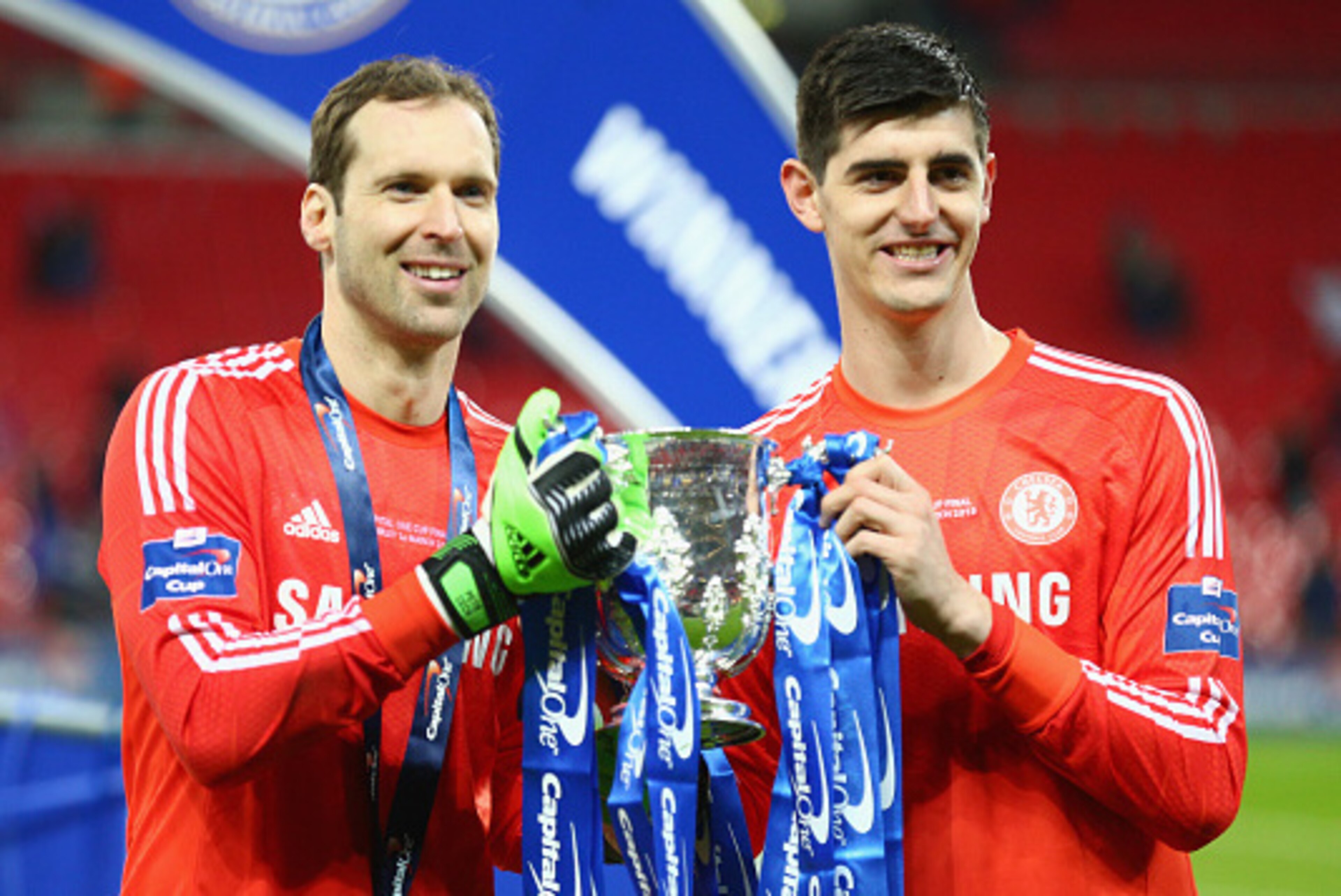LONDON, ENGLAND - MARCH 01: Petr Cech and Thibaut Courtois of Chelsea pose with the trophy during the Capital One Cup Final match between Chelsea and Tottenham Hotspur at Wembley Stadium on March 1, 2015 in London, England. (Photo by Clive Mason/Getty I LONDON, ENGLAND - MARCH 01: Petr Cech and Thibaut Courtois of Chelsea pose with the trophy during the Capital One Cup Final match between Chelsea and Tottenham Hotspur at Wembley Stadium on March 1, 2015 in London, England. (Photo by Clive Mason/Getty I