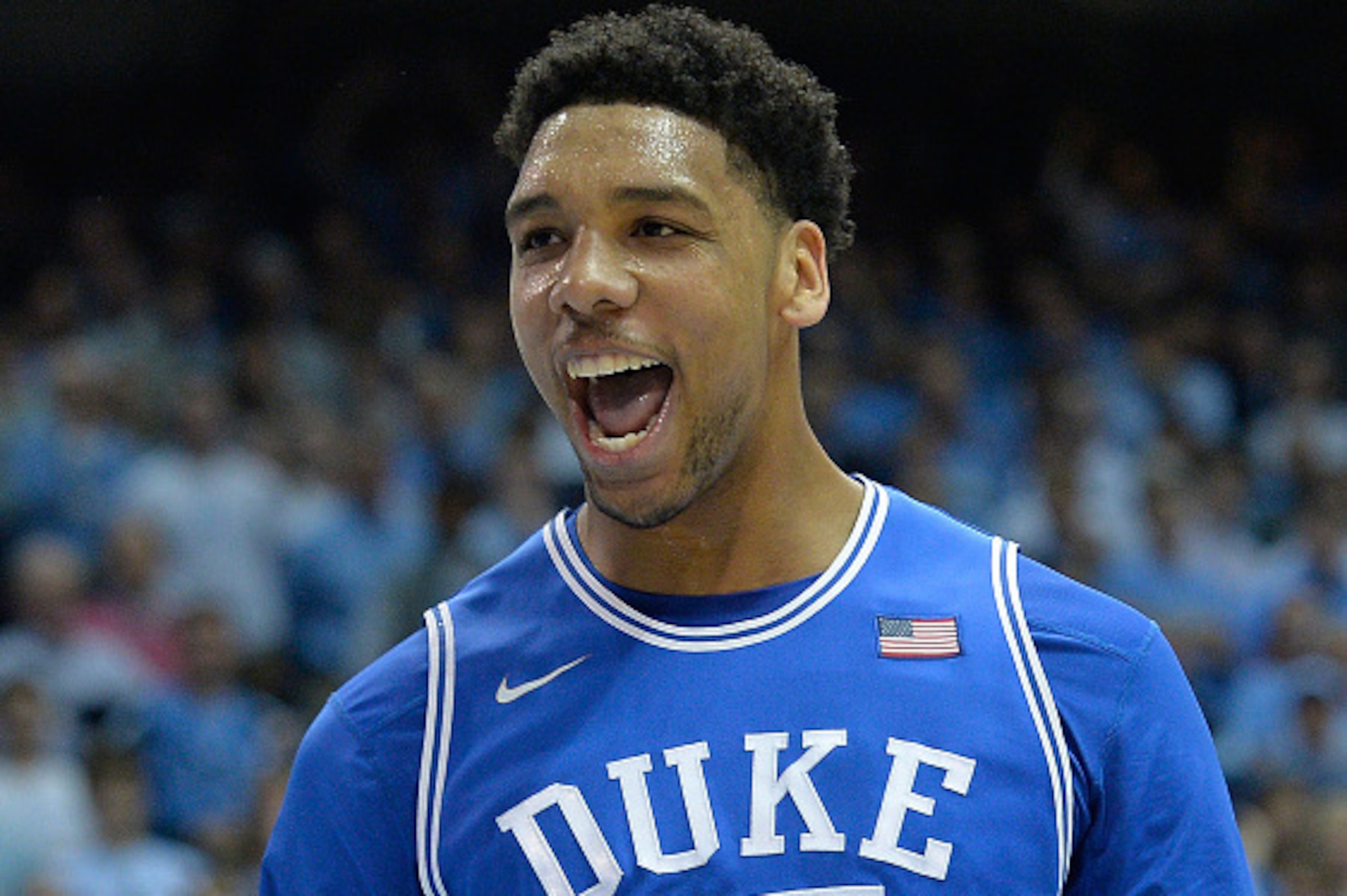 CHAPEL HILL, NC - MARCH 07: Jahlil Okafor #15 of the Duke Blue Devils reacts after scoring against the North Carolina Tar Heels during their game at the Dean Smith Center on March 7, 2015 in Chapel Hill, North Carolina. (Photo by Grant Halverson/Getty I CHAPEL HILL, NC - MARCH 07: Jahlil Okafor #15 of the Duke Blue Devils reacts after scoring against the North Carolina Tar Heels during their game at the Dean Smith Center on March 7, 2015 in Chapel Hill, North Carolina. (Photo by Grant Halverson/Getty I