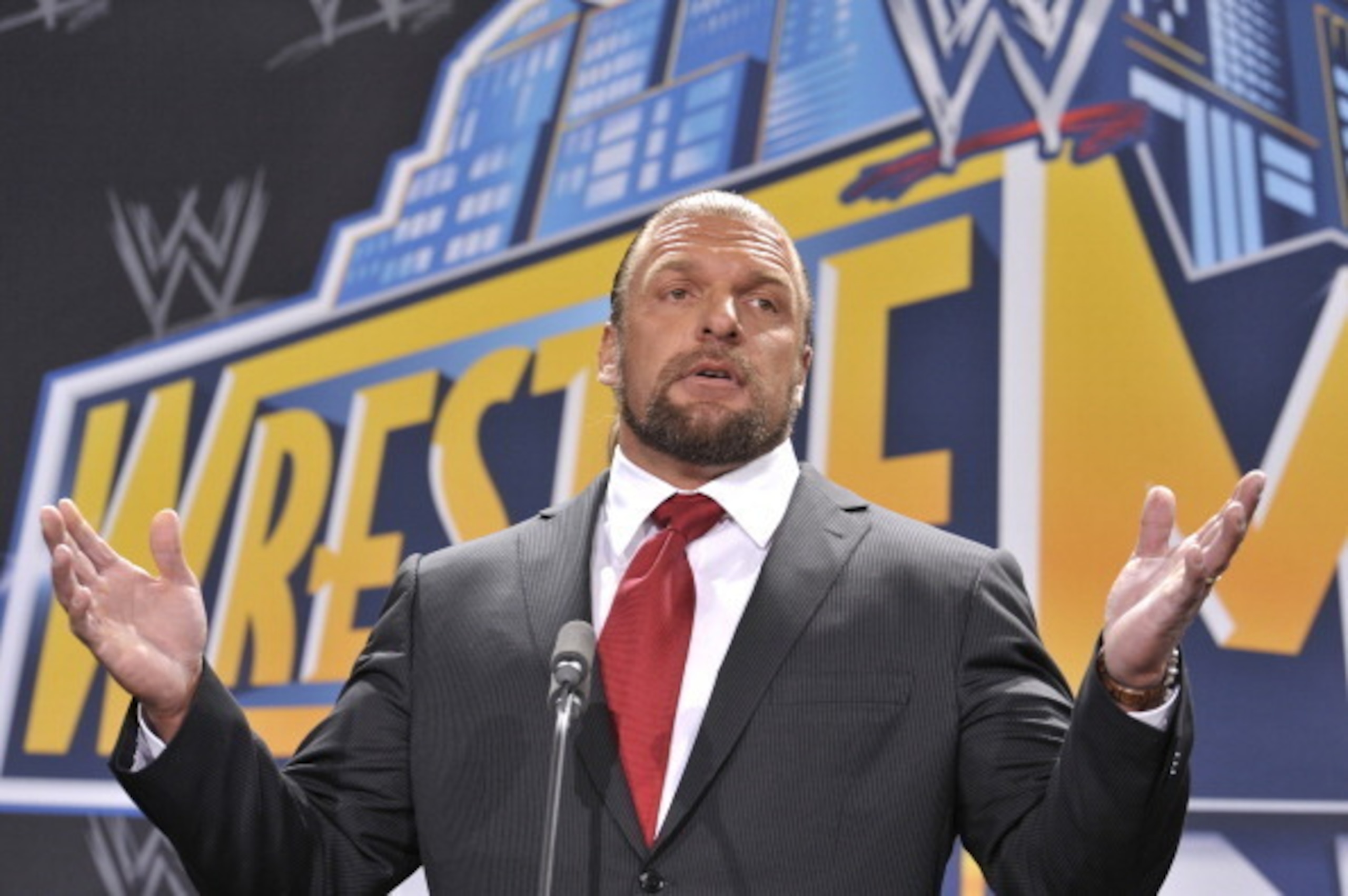EAST RUTHERFORD, NJ - FEBRUARY 16: Triple H attends a press conference to announce that MetLife Stadium will host WWE Wrestlemania 29 in 2013 at MetLife Stadium on February 16, 2012 in East Rutherford, New Jersey. (Photo by Michael N. Todaro/Getty Images)