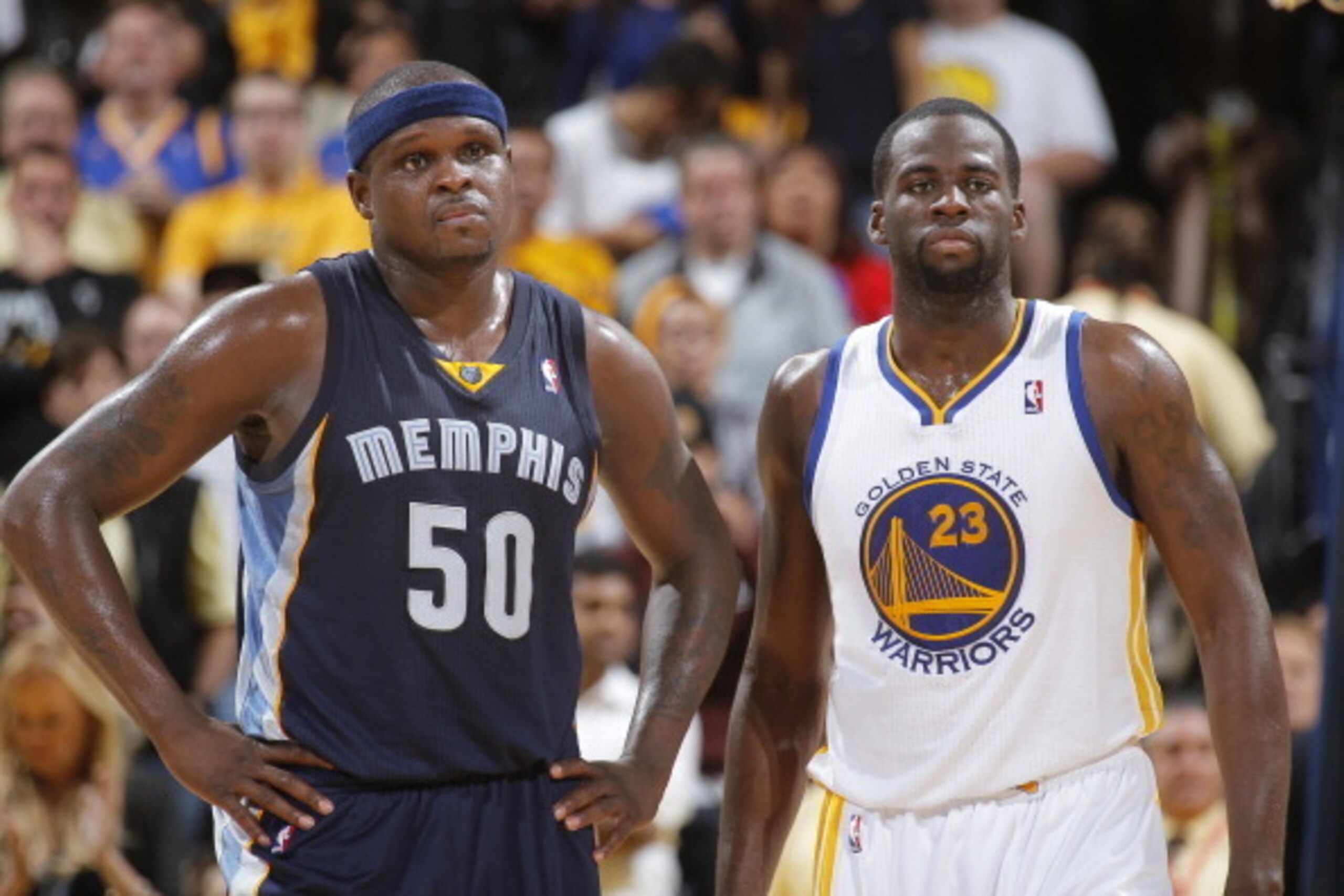 OAKLAND, CA - MARCH 28: Zach Randolph #50 of the Memphis Grizzlies and Draymond Green #23 of the Golden State Warriors on March 28, 2014 at Oracle Arena in Oakland, California. NOTE TO USER: User expressly acknowledges and agrees that, by downloading and 