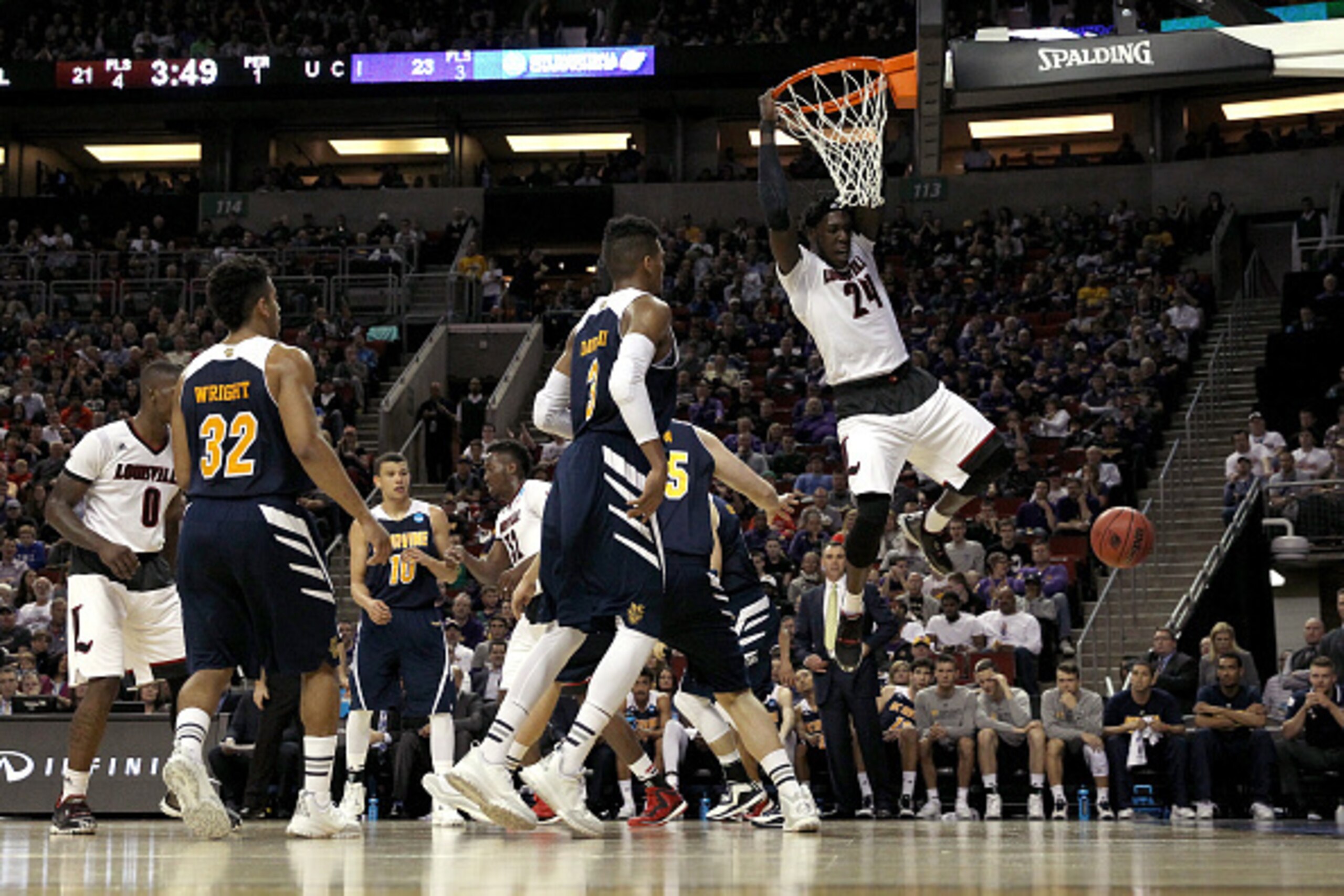 SEATTLE, WA - MARCH 20: Montrezl Harrell #24 of the Louisville Cardinals dunks in the first half against the UC Irvine Anteaters during the second round of the 2015 NCAA Men's Basketball Tournament at KeyArena on March 20, 2015 in Seattle, Washington.  (P