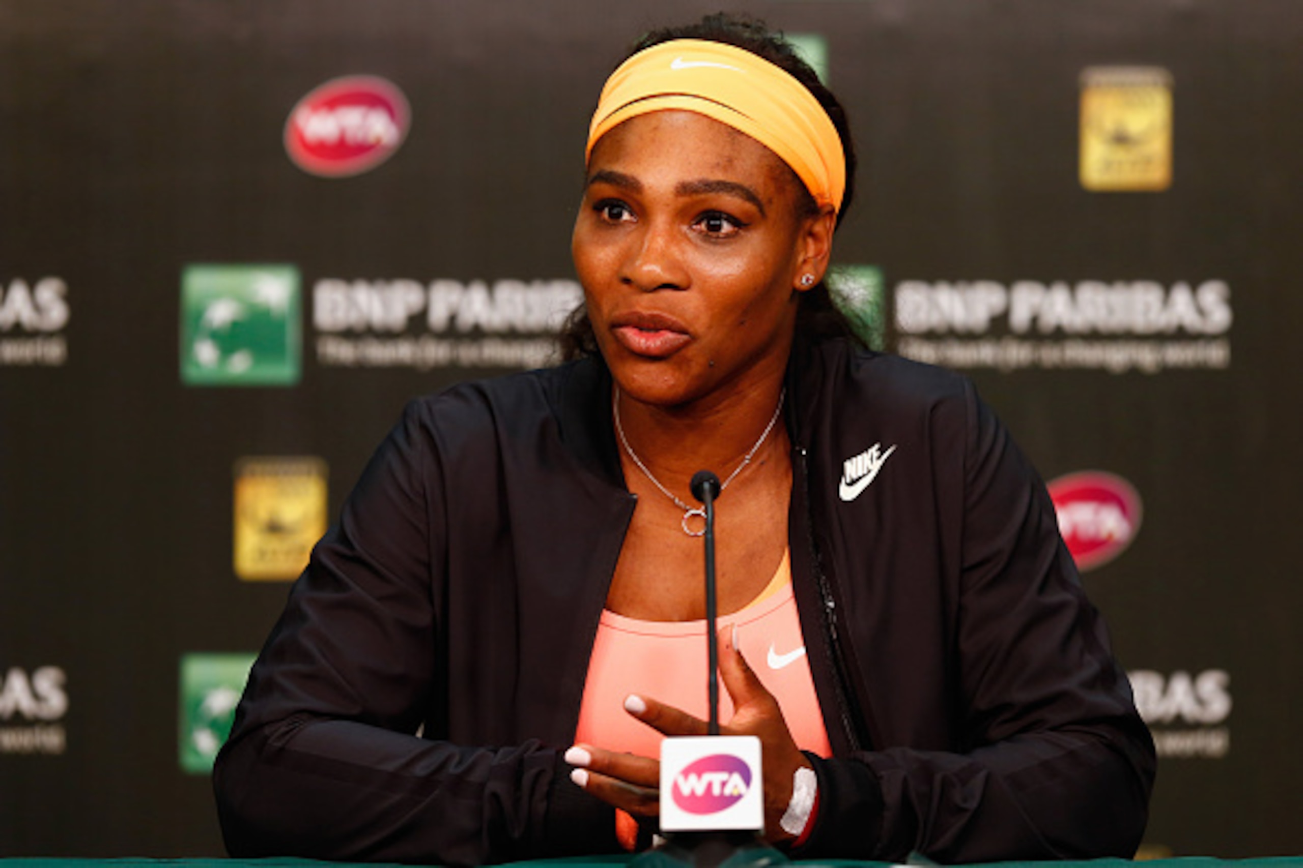INDIAN WELLS, CA - MARCH 20:  Serena Williams of USA talks to the media after announcing her retirement with an injury before her semi final match against Simona Halep of Romania during day twelve of the BNP Paribas Open tennis at the Indian Wells Tennis 