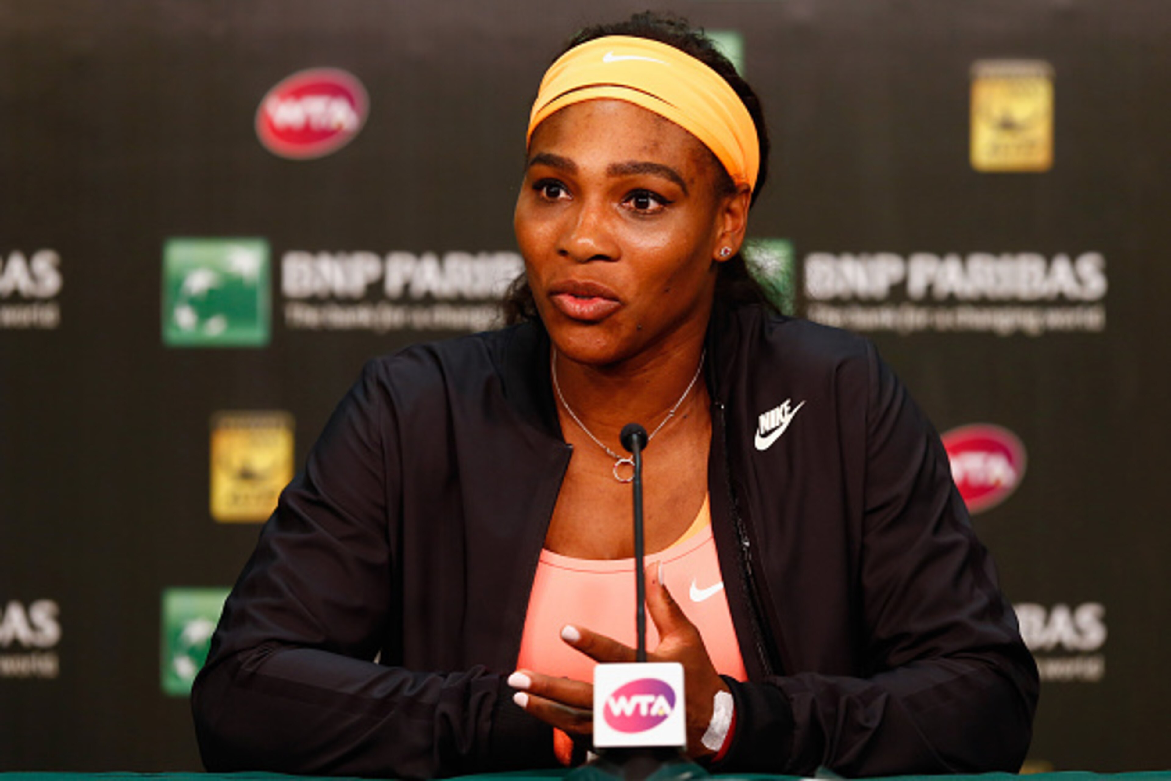 INDIAN WELLS, CA - MARCH 20:  Serena Williams of USA talks to the media after announcing her retirement with an injury before her semi final match against Simona Halep of Romania during day twelve of the BNP Paribas Open tennis at the Indian Wells Tennis 