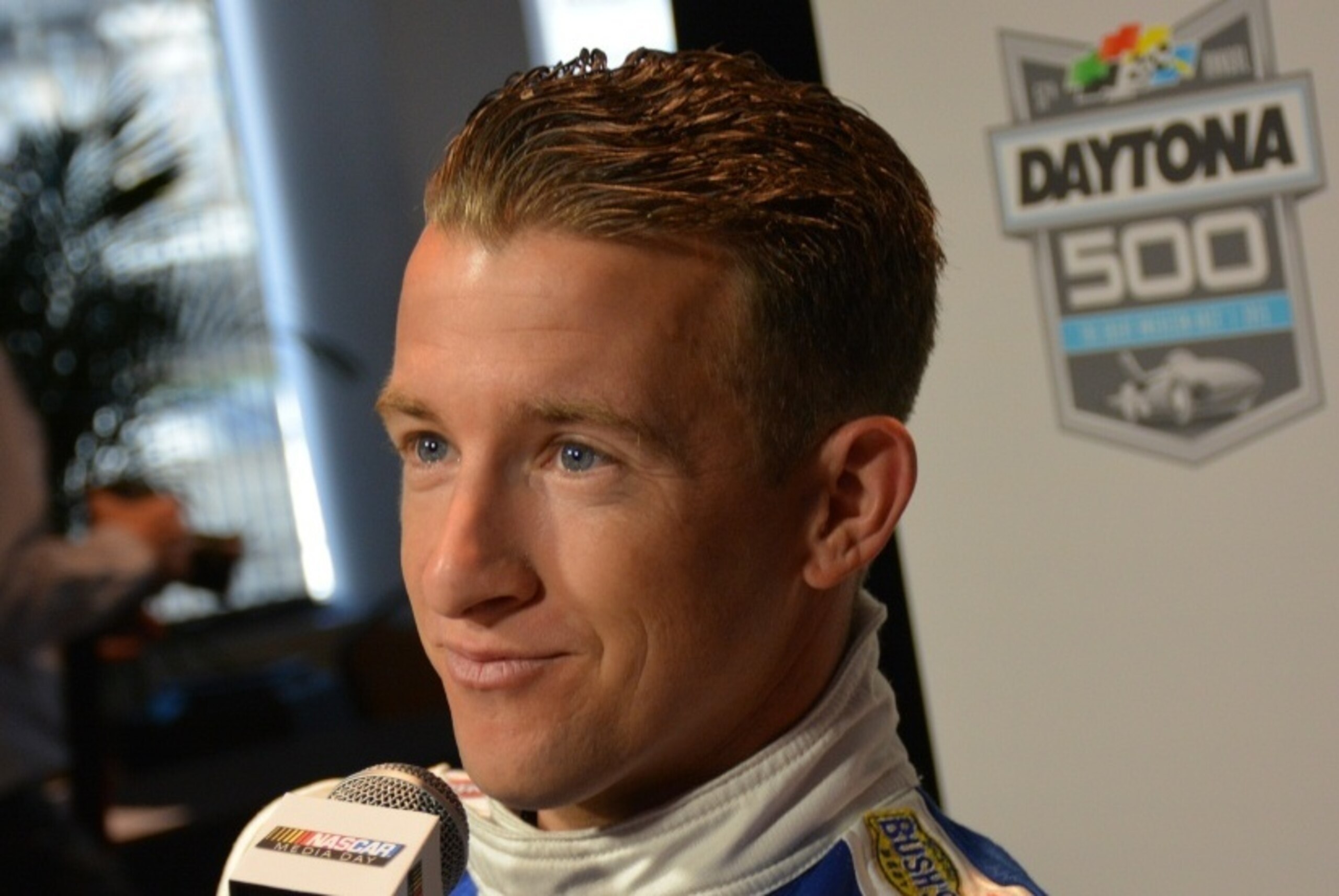 A.J. Allmendinger answers questions at Daytona before the 2015 season.