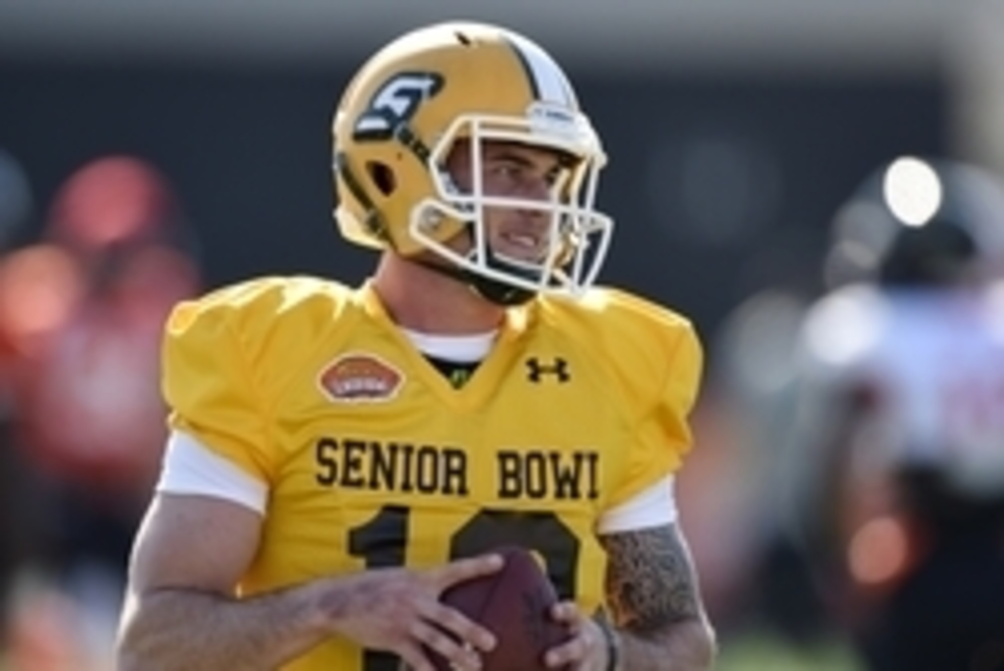 Jan 21, 2015; Mobile, AL, USA; South squad quarterback Bryan Bennett of Southeastern Louisiana (6) during Senior Bowl practice at Ladd-Peebles Stadium. Mandatory Credit: John David Mercer-USA TODAY Sports