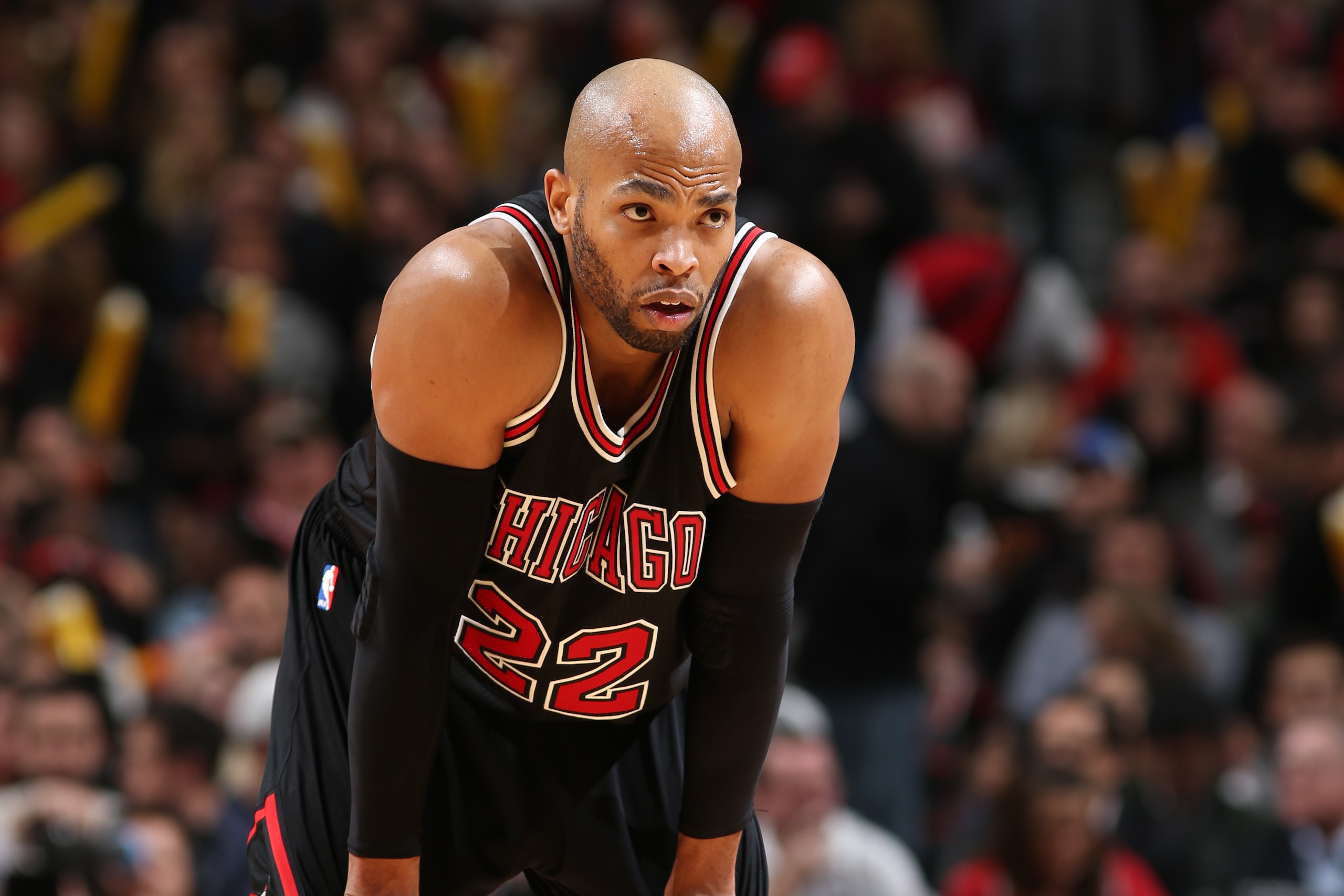 CHICAGO, IL - MARCH 23:  Taj Gibson #22 of the Chicago Bulls during the game against the Charlotte Hornets on March 23, 2015 at the United Center in Chicago, Illinois. NOTE TO USER: User expressly acknowledges and agrees that, by downloading and or using