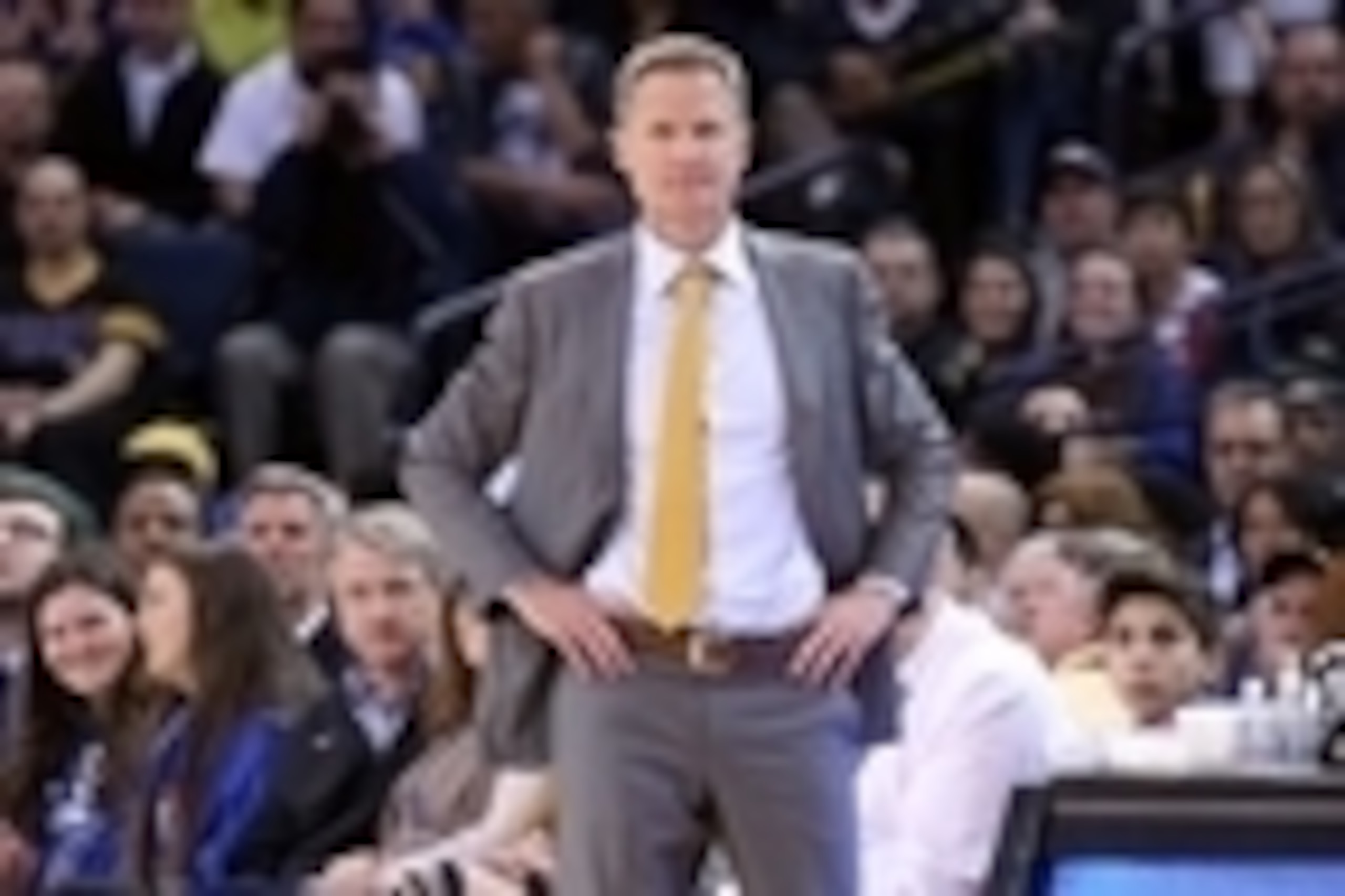 Mar 4, 2015; Oakland, CA, USA; Golden State Warriors head coach Steve Kerr reacts on the sideline against the Milwaukee Bucks during the third quarter at Oracle Arena. The Golden State Warriors defeated the Milwaukee Bucks 102-93. Mandatory Credit: Kelley
