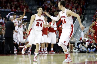 MADISON, WI - JANUARY 15: Bronson Koenig #24 of the Wisconsin Badgers celebrates after making a three pointer during the second half against the Nebraska Cornhuskers at Kohl Center on January 15, 2015 in Madison, Wisconsin. (Photo by Mike McGinnis/Getty I