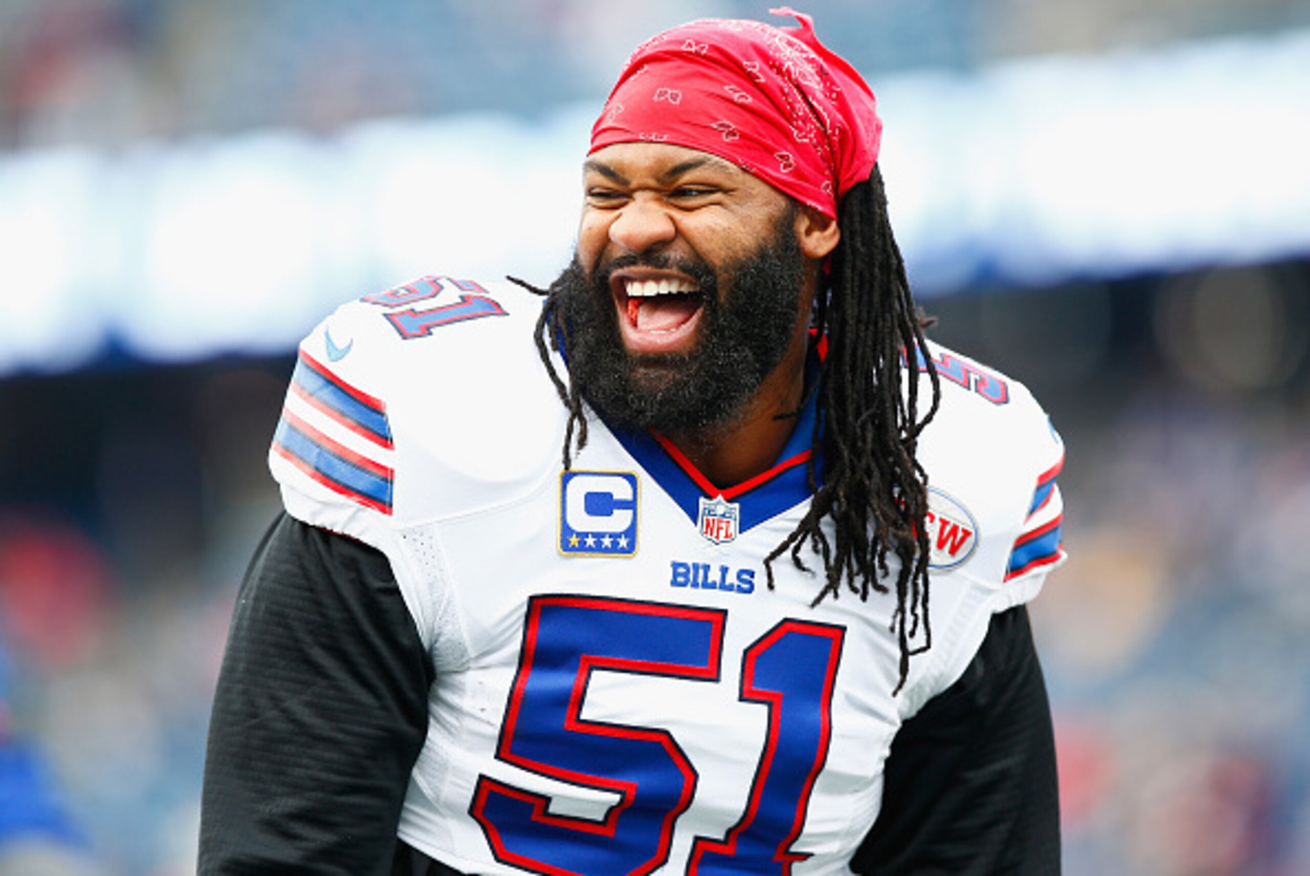 FOXBORO, MA - DECEMBER 28:  Brandon Spikes #51 of the Buffalo Bills warms up before a game against the New England Patriots at Gillette Stadium on December 28, 2014 in Foxboro, Massachusetts.  (Photo by Jared Wickerham/Getty Images)