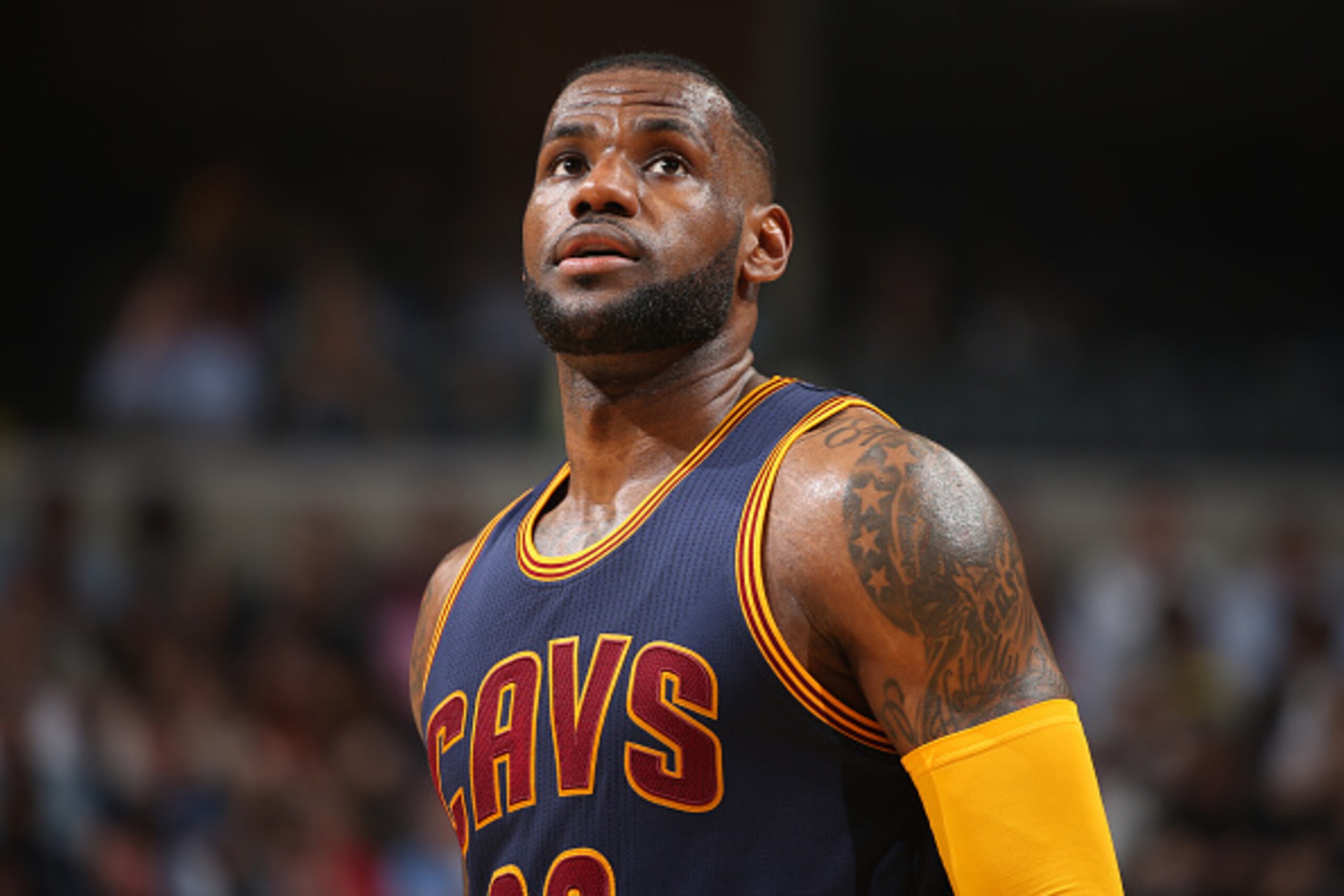 MEMPHIS, TN - MARCH 25:   LeBron James #23 of the Cleveland Cavaliers looks on during the game against the Memphis Grizzlies on March 25, 2015 at FedExForum in Memphis, Tennessee. NOTE TO USER: User expressly acknowledges and agrees that, by downloading a