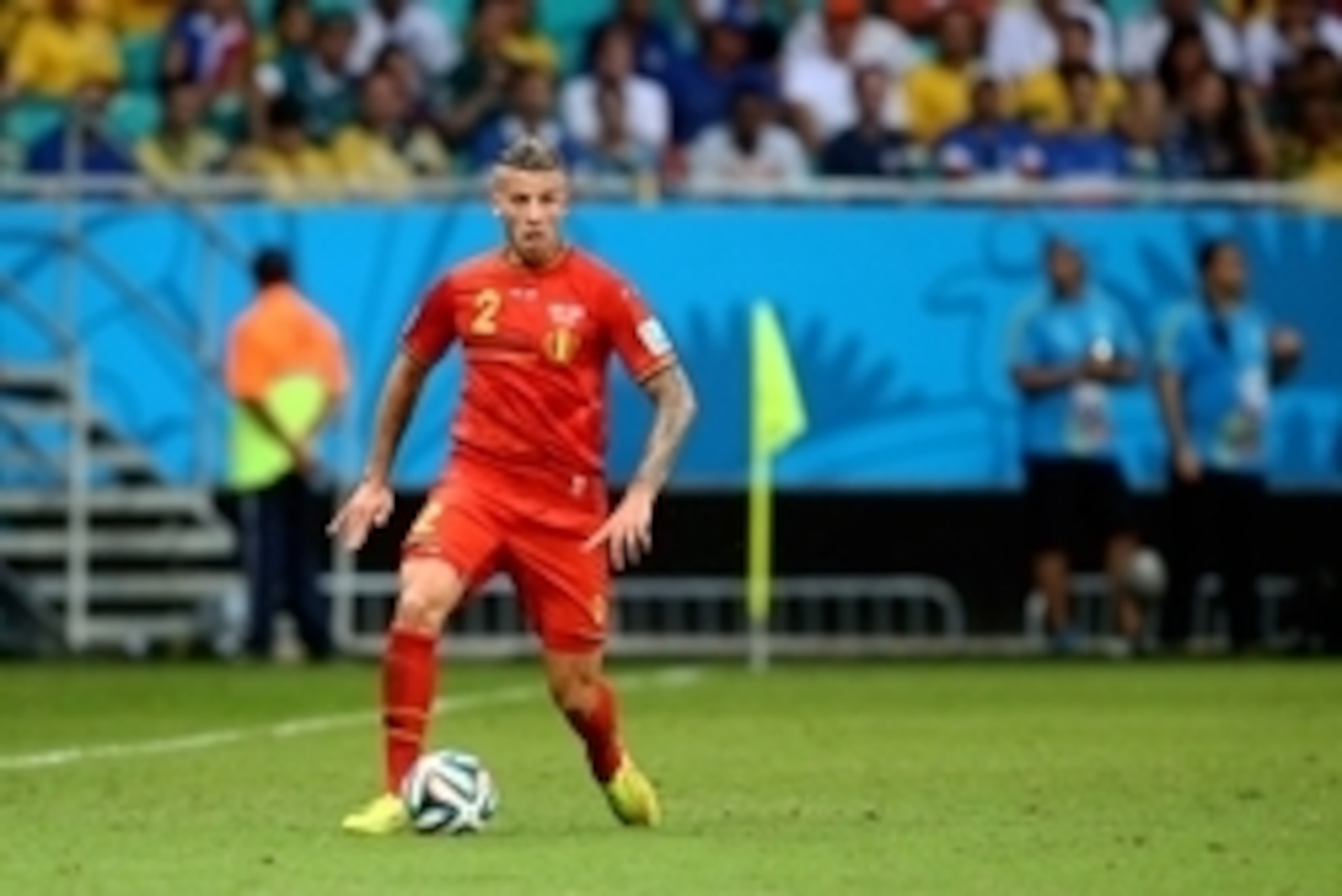 Jul 1, 2014; Salvador, BRAZIL; Belgium defender Toby Alderweireld (2) against USA during the round of sixteen match in the 2014 World Cup at Arena Fonte Nova. Belgium defeated USA 2-1 in overtime. Mandatory Credit: Mark J. Rebilas-USA TODAY Sports