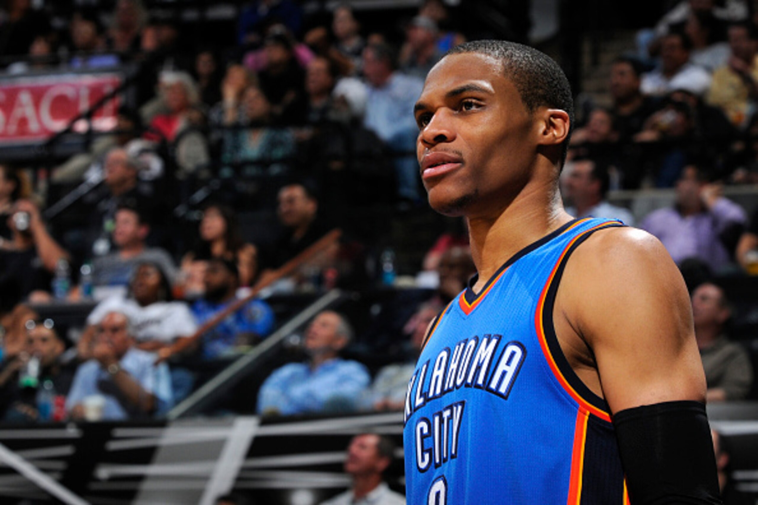 SAN ANTONIO - MARCH 25: Russell Westbrook #0 of the Oklahoma City Thunder during the game against the San Antonio Spurs at the AT&T Center on March 25, 2014 in San Antonio, Texas. NOTE TO USER: User expressly acknowledges and agrees that, by downloading a