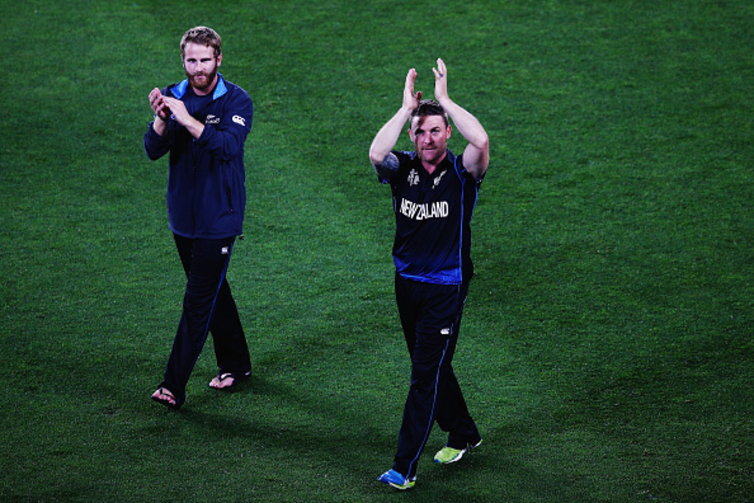 AUCKLAND, NEW ZEALAND - MARCH 24:  Kane Williamson of New Zealand and Brendon McCullum of New Zealand thank the crowd after winning the 2015 Cricket World Cup Semi Final match between New Zealand and South Africa at Eden Park on March 24, 2015 in Auckland
