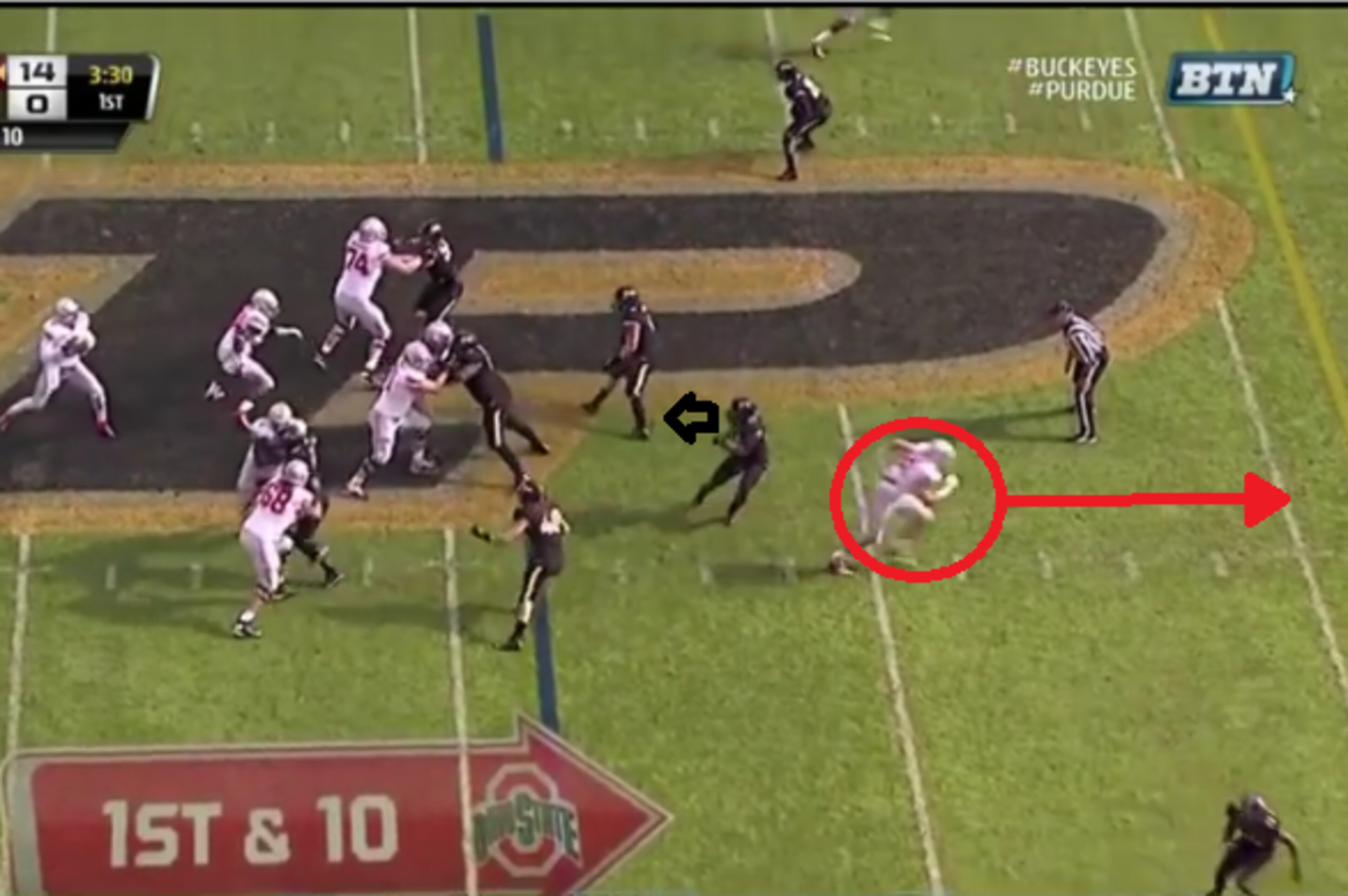 Tight end Jeff Heuerman streaks past Purdue linebacker. Tight end Jeff Heuerman streaks past Purdue linebacker.