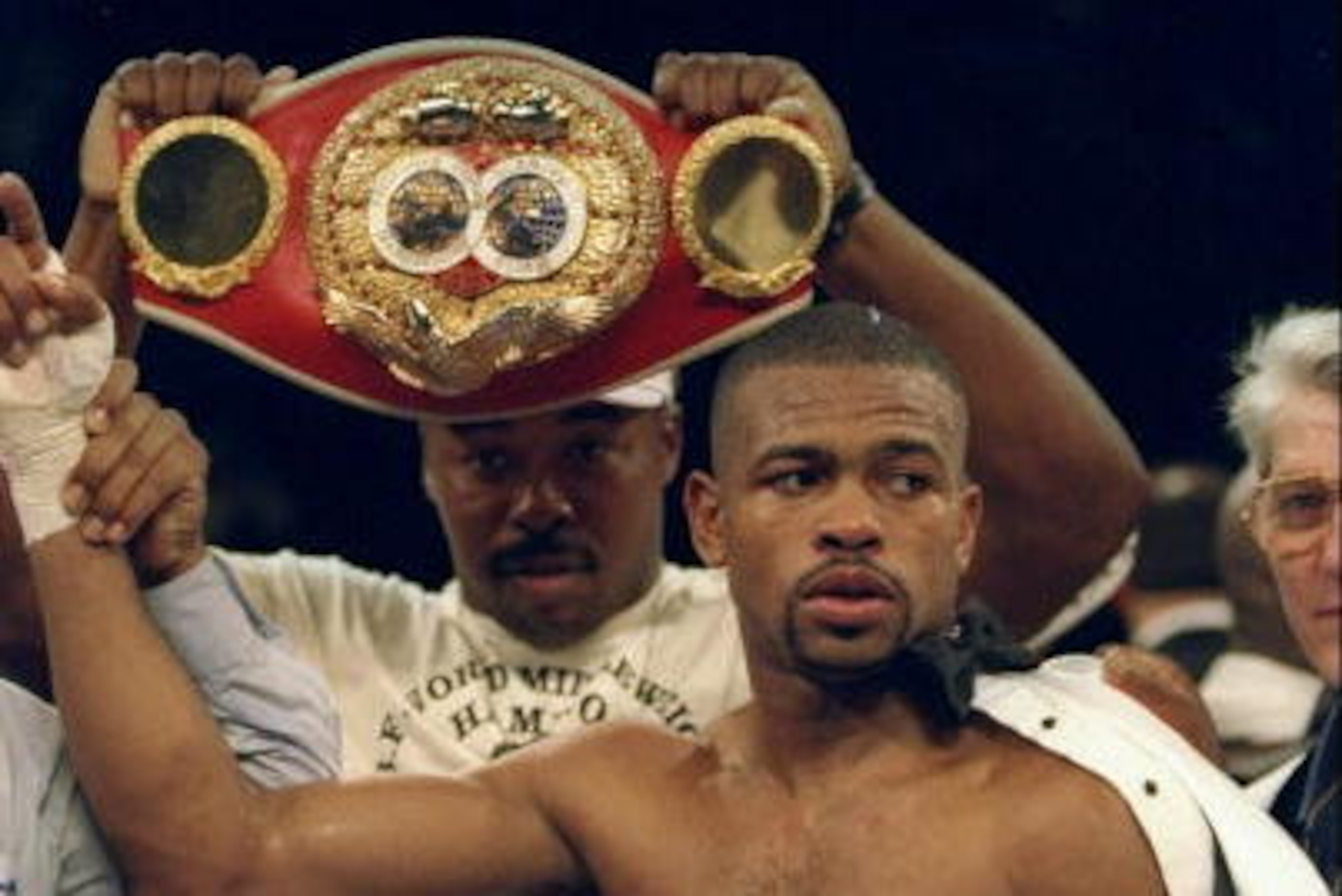 18 Nov 1994: Roy Jones Jr. celebrates after a bout against James Toney. Mandatory Credit: Holly Stein /Allsport 18 Nov 1994: Roy Jones Jr. celebrates after a bout against James Toney. Mandatory Credit: Holly Stein /Allsport