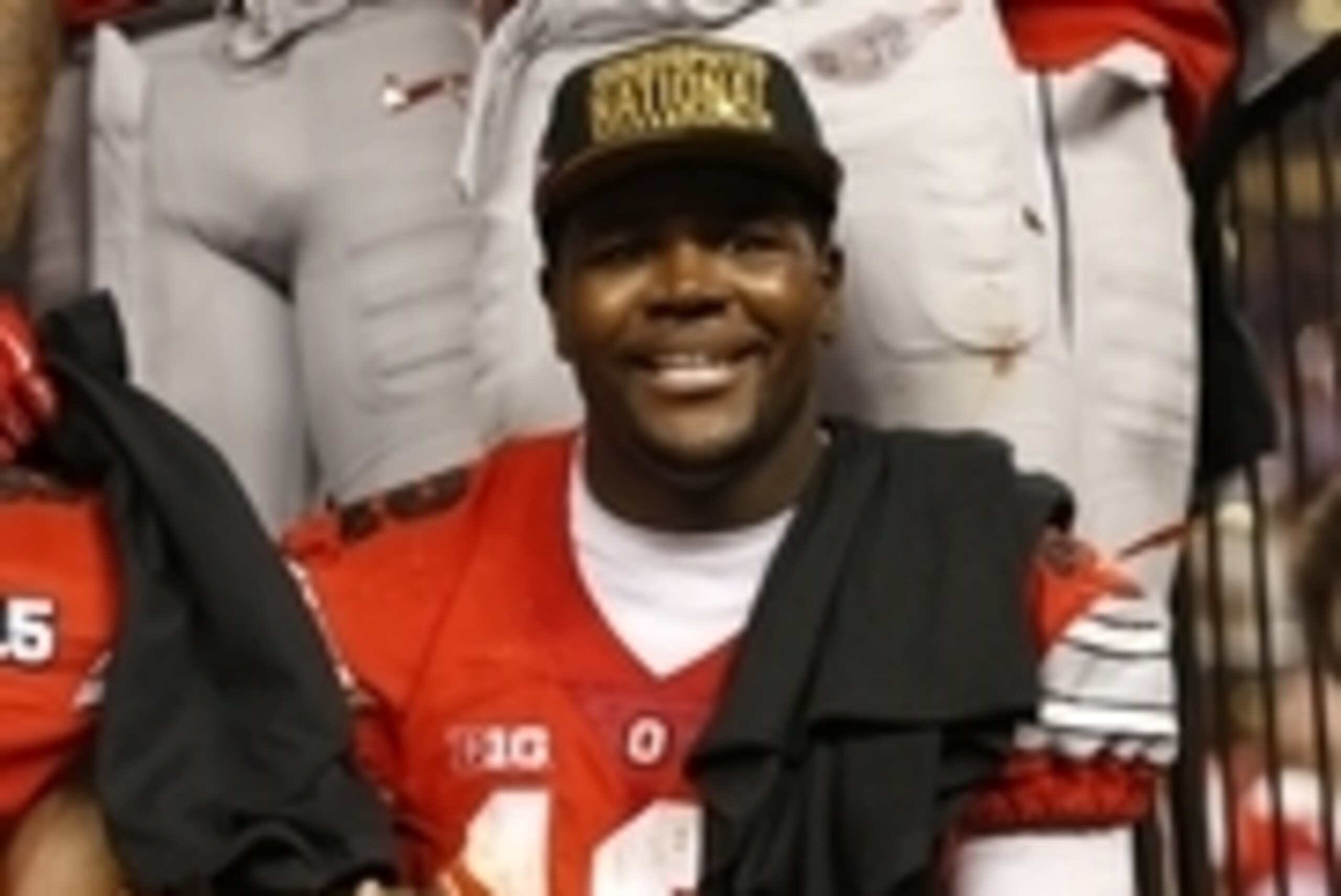 Jan 12, 2015; Arlington, TX, USA; Ohio State Buckeyes quarterback Cardale Jones (12) holds the College Football Playoff trophy after the game against Oregon Ducks in the 2015 CFP National Championship Game at AT&T Stadium. Mandatory Credit: Matthew Emmons