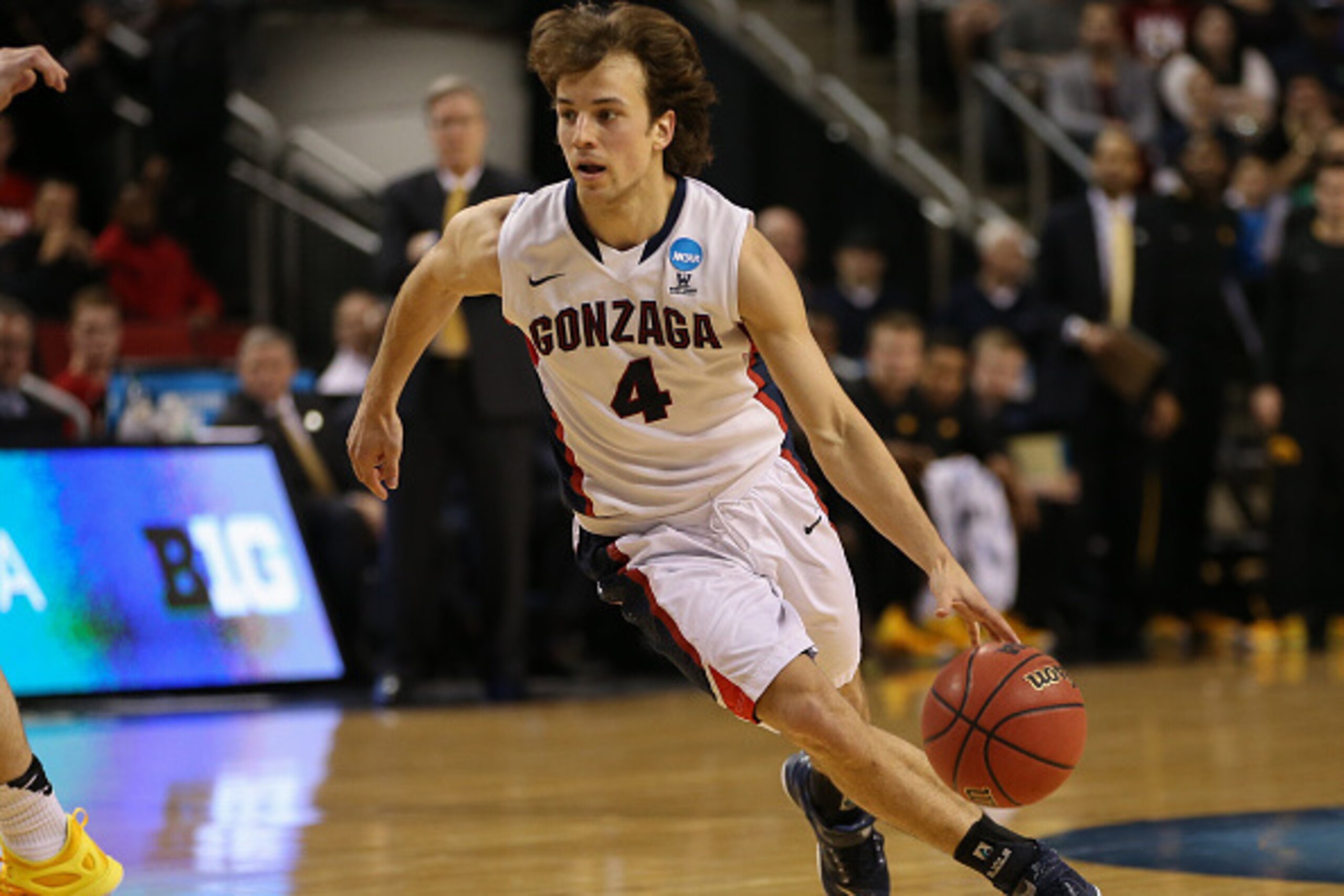 SEATTLE, WA - MARCH 22:  Kevin Pangos #4 of the Gonzaga Bulldogs in action against the Iowa Hawkeyes during the third round of the 2015 Men's NCAA Basketball Tournament at Key Arena on March 22, 2015 in Seattle, Washington.  (Photo by Otto Greule Jr/Getty