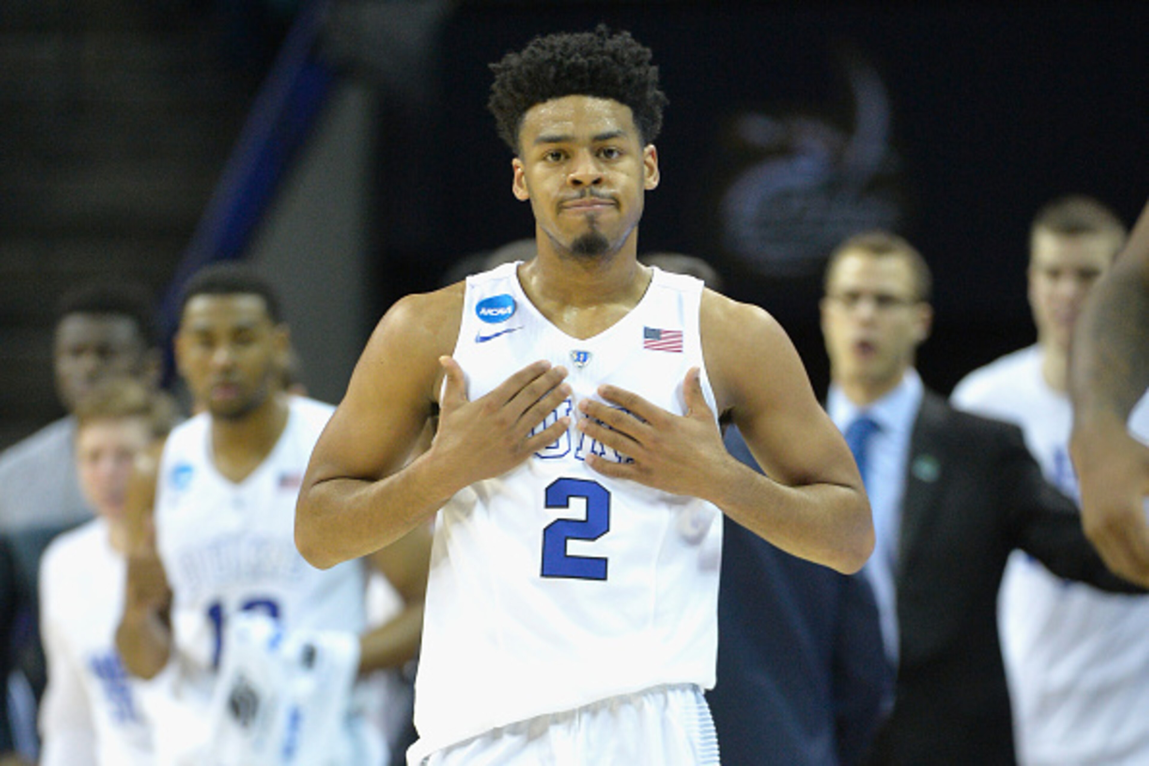 CHARLOTTE, NC - MARCH 22: Quinn Cook #2 of the Duke Blue Devils reacts against the San Diego State Aztecs during the third round of the 2015 NCAA Men's Basketball Tournament at Time Warner Cable Arena on March 22, 2015 in Charlotte, North Carolina. (Pho CHARLOTTE, NC - MARCH 22: Quinn Cook #2 of the Duke Blue Devils reacts against the San Diego State Aztecs during the third round of the 2015 NCAA Men's Basketball Tournament at Time Warner Cable Arena on March 22, 2015 in Charlotte, North Carolina. (Pho