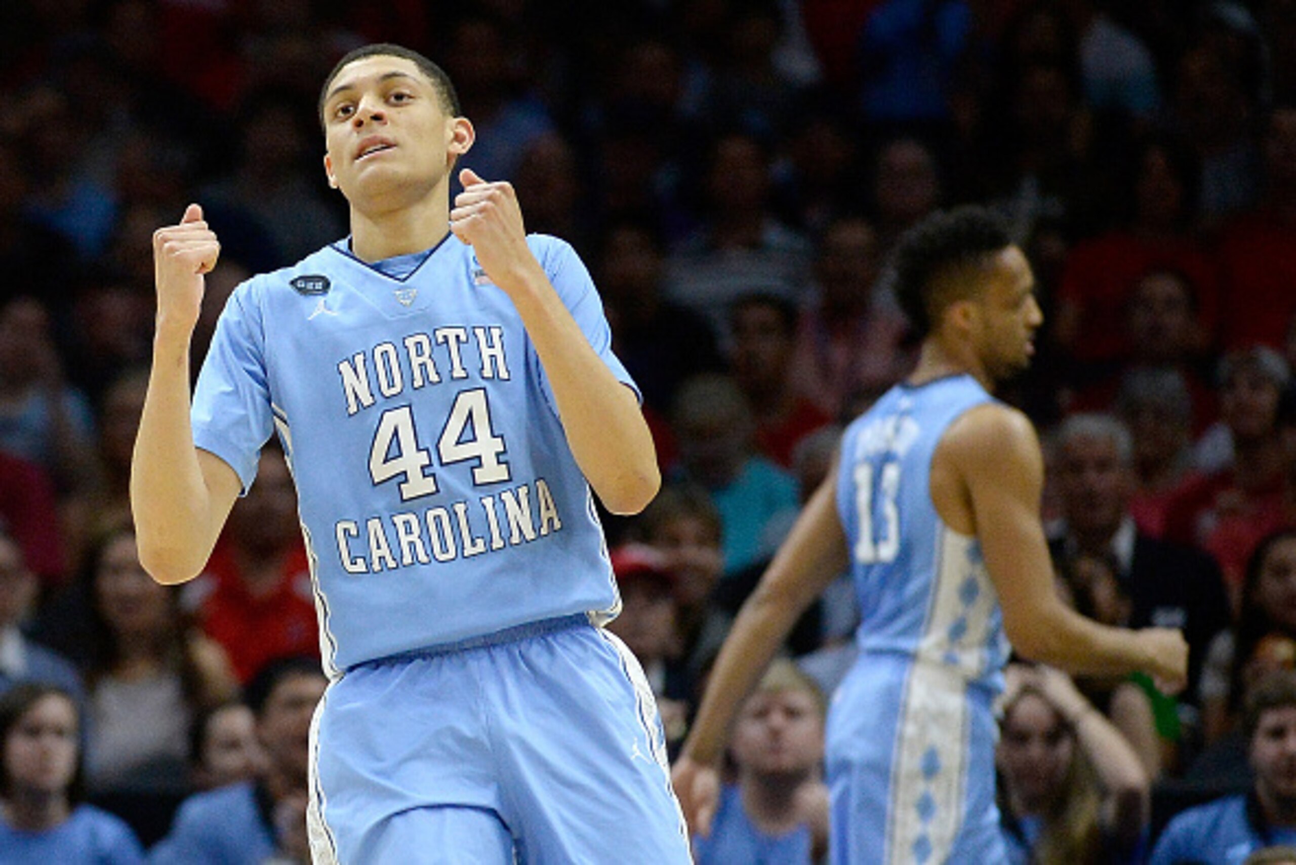 LOS ANGELES, CA - MARCH 26:  Justin Jackson #44 of the North Carolina Tar Heels reacts while taking on the Wisconsin Badgers during the West Regional Semifinal of the 2015 NCAA Men's Basketball Tournament at Staples Center on March 26, 2015 in Los Angeles