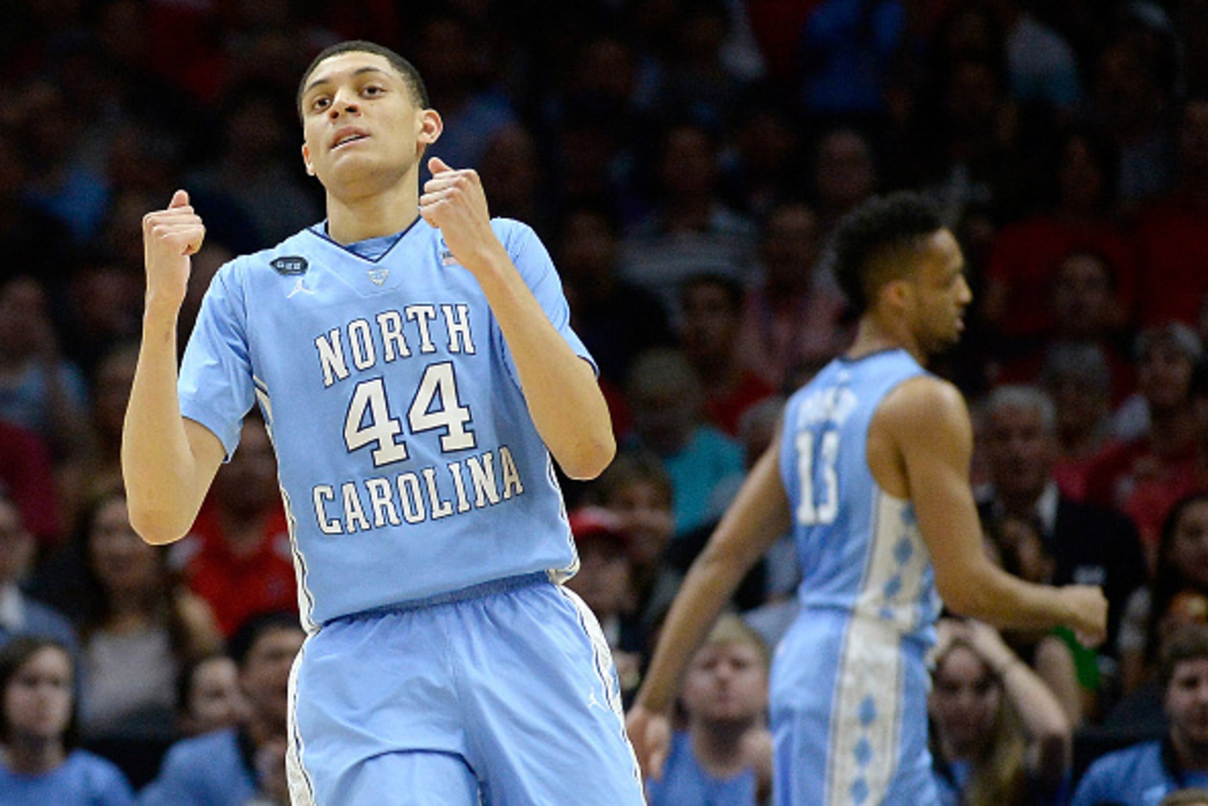 LOS ANGELES, CA - MARCH 26:  Justin Jackson #44 of the North Carolina Tar Heels reacts while taking on the Wisconsin Badgers during the West Regional Semifinal of the 2015 NCAA Men's Basketball Tournament at Staples Center on March 26, 2015 in Los Angeles