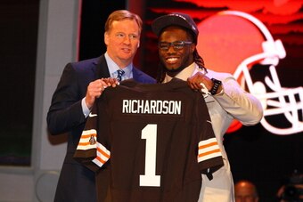 NEW YORK, NY - APRIL 26:  Trent Richardson (R) from Alabama holds up a jersey as he stands on stage with NFL Commissioner Roger Goodell after he was selected #3 overall by the Cleveland Browns in the first round of the 2012 NFL Draft at Radio City Music H