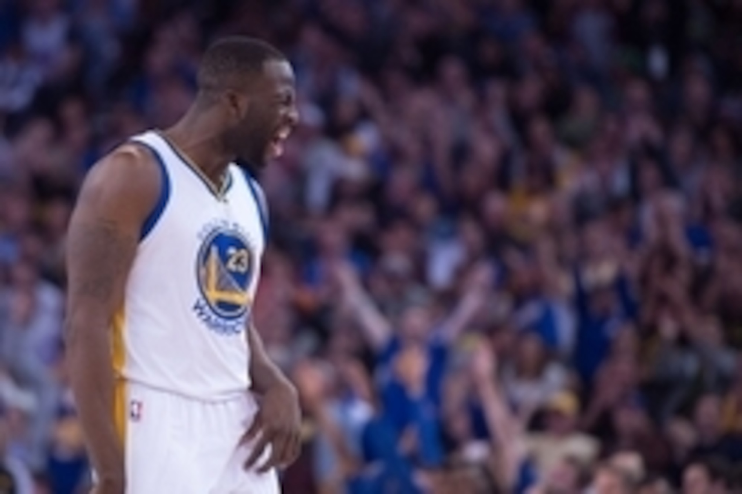 March 23, 2015; Oakland, CA, USA; Golden State Warriors forward Draymond Green (23) celebrates after making a three-point basket against the Washington Wizards during the second quarter at Oracle Arena. Mandatory Credit: Kyle Terada-USA TODAY Sports