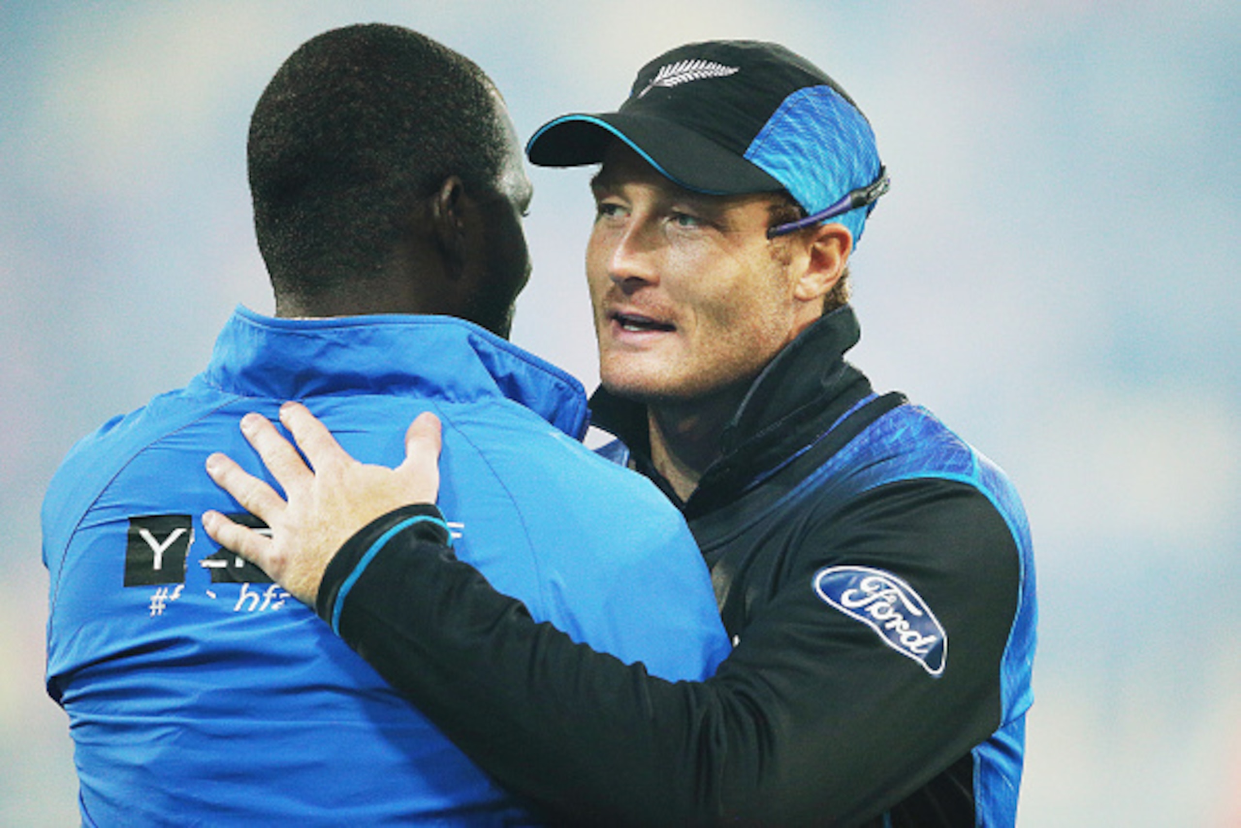 WELLINGTON, NEW ZEALAND - MARCH 21: Martin Guptill of New Zealand is congratulated after winning the 2015 ICC Cricket World Cup match between New Zealand and the West Indies at Wellington Regional Stadium on March 21, 2015 in Wellington, New Zealand.  (Ph