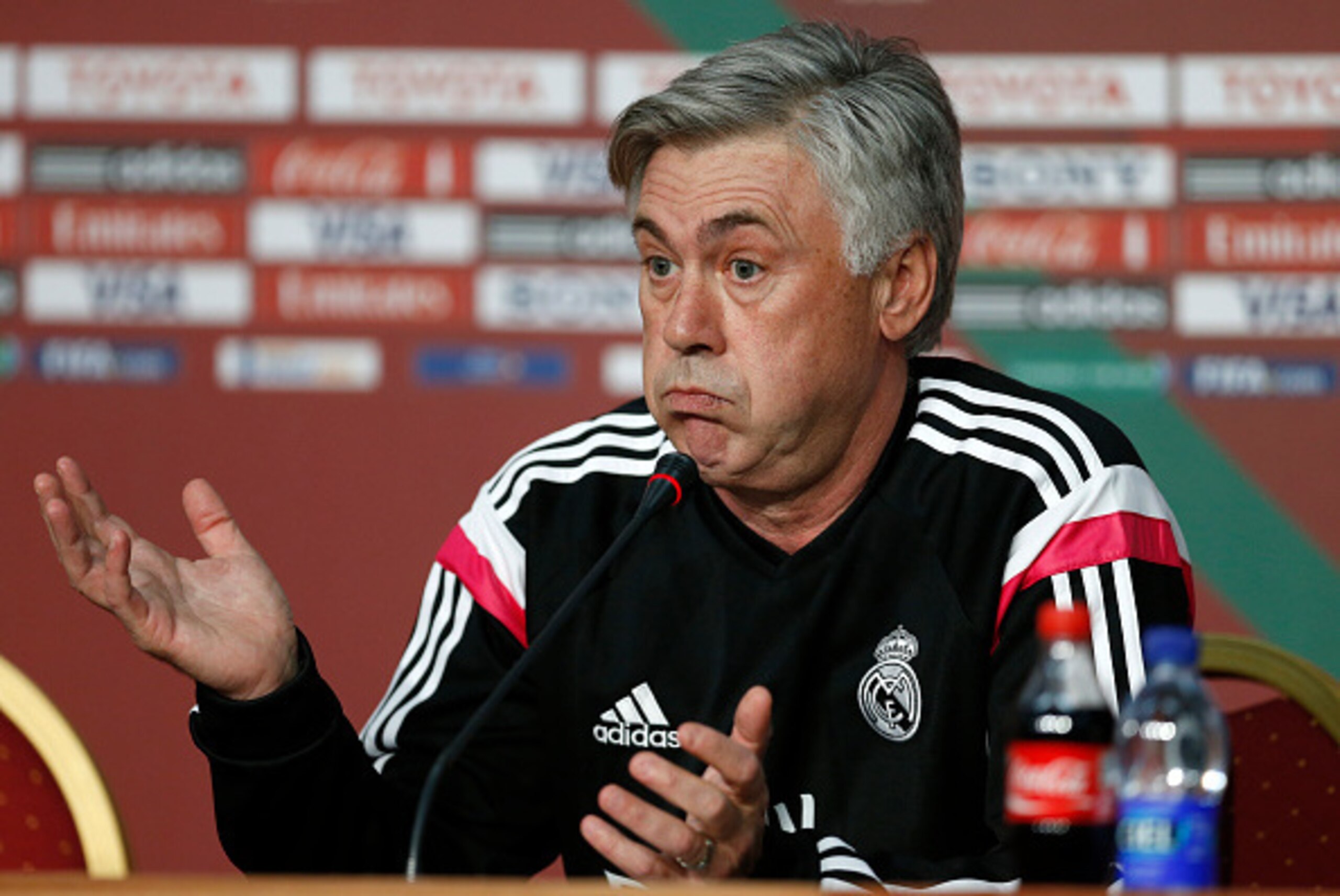MARRAKECH, MOROCCO - DECEMBER 19: Carlo Ancelotti, manager of Real Madrid talks to the media during a FIFA press conference at the Sofitel Marrekch on December 19, 2014 in Marrakech, Morocco.  (Photo by Steve Bardens/Getty Images)