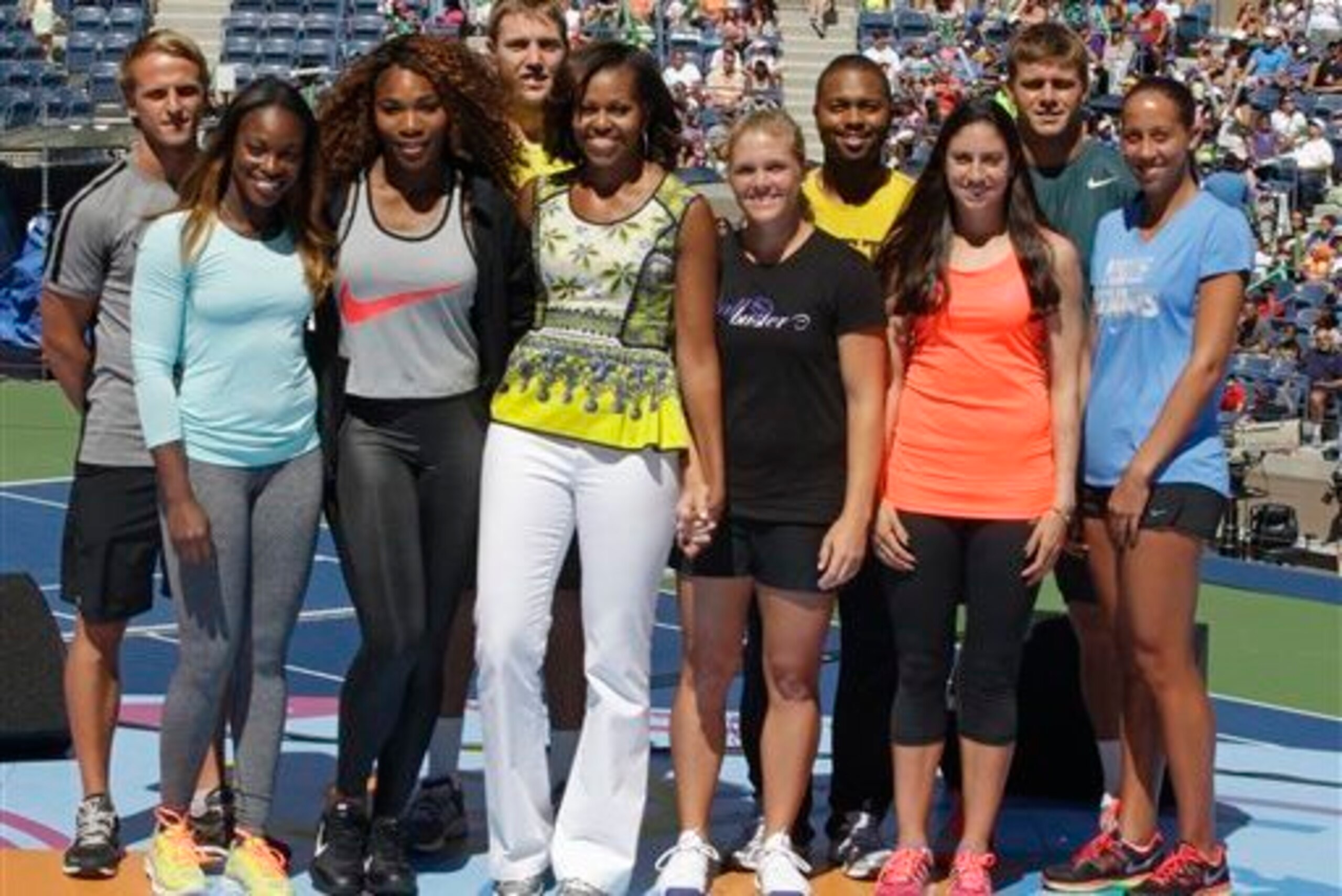 Sloane Stephens and Madison Keys are among other young American tennis players who posed with Michelle Obama (center) and Serena Williams at the 2013 U.S. Open.