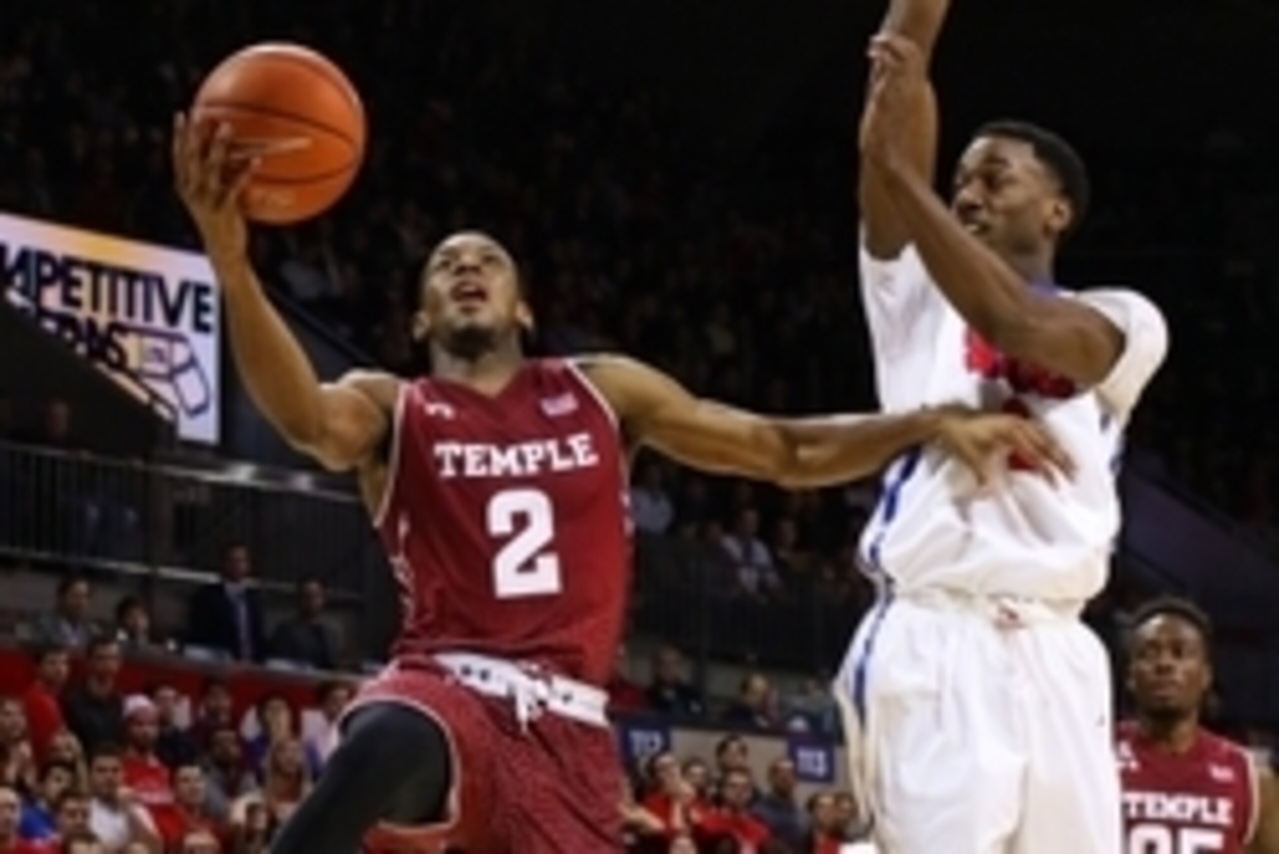 Feb 19, 2015; Dallas, TX, USA; Temple Owls guard Will Cummings (2) goes to the hoop on Southern Methodist Mustangs guard Ryan Manuel (1) during a game at Moody Coliseum. Southern Methodist won 67-58. Mandatory Credit: Ray Carlin-USA TODAY Sports Feb 19, 2015; Dallas, TX, USA; Temple Owls guard Will Cummings (2) goes to the hoop on Southern Methodist Mustangs guard Ryan Manuel (1) during a game at Moody Coliseum. Southern Methodist won 67-58. Mandatory Credit: Ray Carlin-USA TODAY Sports