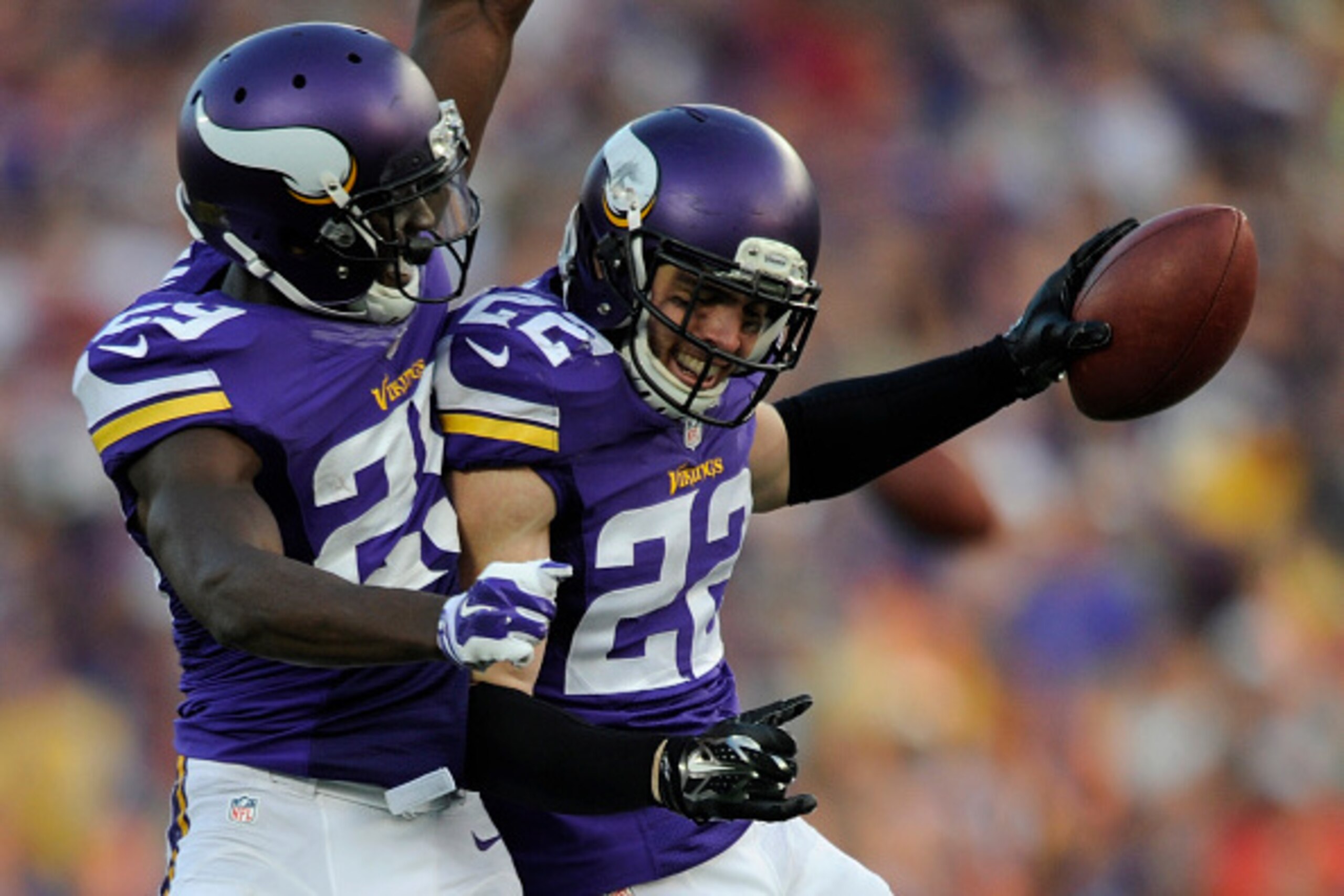 MINNEAPOLIS, MN - SEPTEMBER 28: Xavier Rhodes #29 and Harrison Smith #22 of the Minnesota Vikings celebrate an inception by Smith against the Atlanta Falcons during the fourth quarter of the game on September 28, 2014 at TCF Bank Stadium in Minneapolis, M MINNEAPOLIS, MN - SEPTEMBER 28: Xavier Rhodes #29 and Harrison Smith #22 of the Minnesota Vikings celebrate an inception by Smith against the Atlanta Falcons during the fourth quarter of the game on September 28, 2014 at TCF Bank Stadium in Minneapolis, M