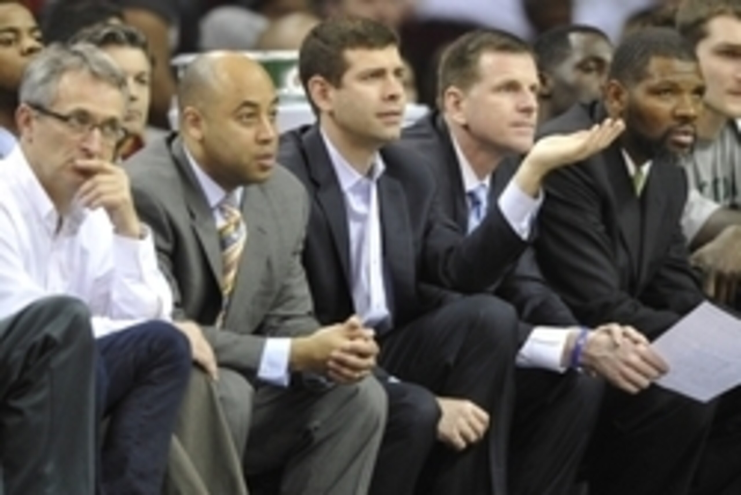Mar 3, 2015; Cleveland, OH, USA; Boston Celtics head coach Brad Stevens (center) reacts in the fourth quarter against the Cleveland Cavaliers at Quicken Loans Arena. Mandatory Credit: David Richard-USA TODAY Sports Mar 3, 2015; Cleveland, OH, USA; Boston Celtics head coach Brad Stevens (center) reacts in the fourth quarter against the Cleveland Cavaliers at Quicken Loans Arena. Mandatory Credit: David Richard-USA TODAY Sports