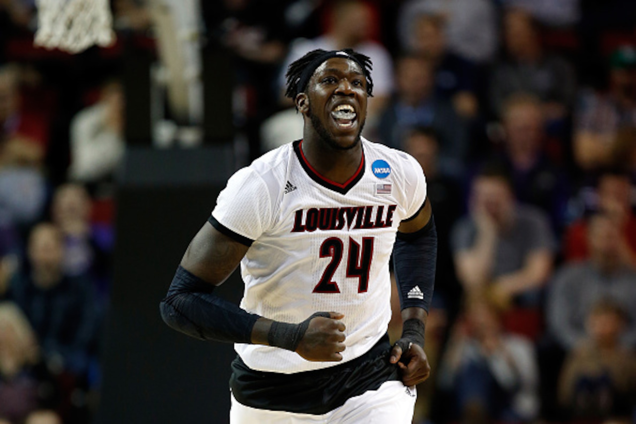 SEATTLE, WA - MARCH 22:  Montrezl Harrell #24 of the Louisville Cardinals reacts after a shot in the first half of the game against the Northern Iowa Panthers during the third round of the 2015 NCAA Men's Basketball Tournament at KeyArena on March 22, 201