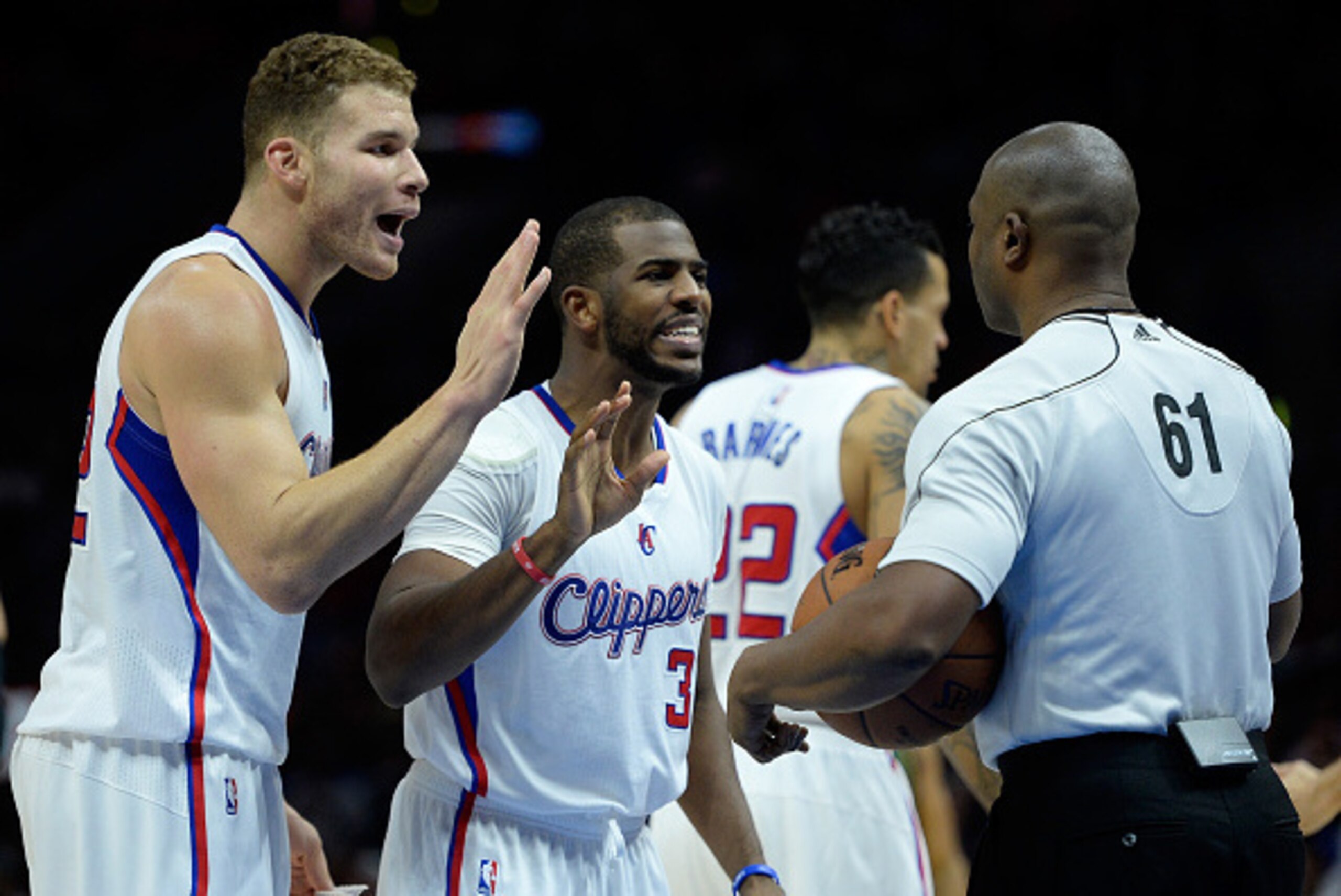 LOS ANGELES, CA - DECEMBER 29:  Chris Paul #3 and Blake Griffin #32 of the Los Angeles Clippers argue a foul call with referee Courtney Kirkland #61 during a 101-97 Clipper win over the Utah Jazz at Staples Center on December 29, 2014 in Los Angeles, Cali
