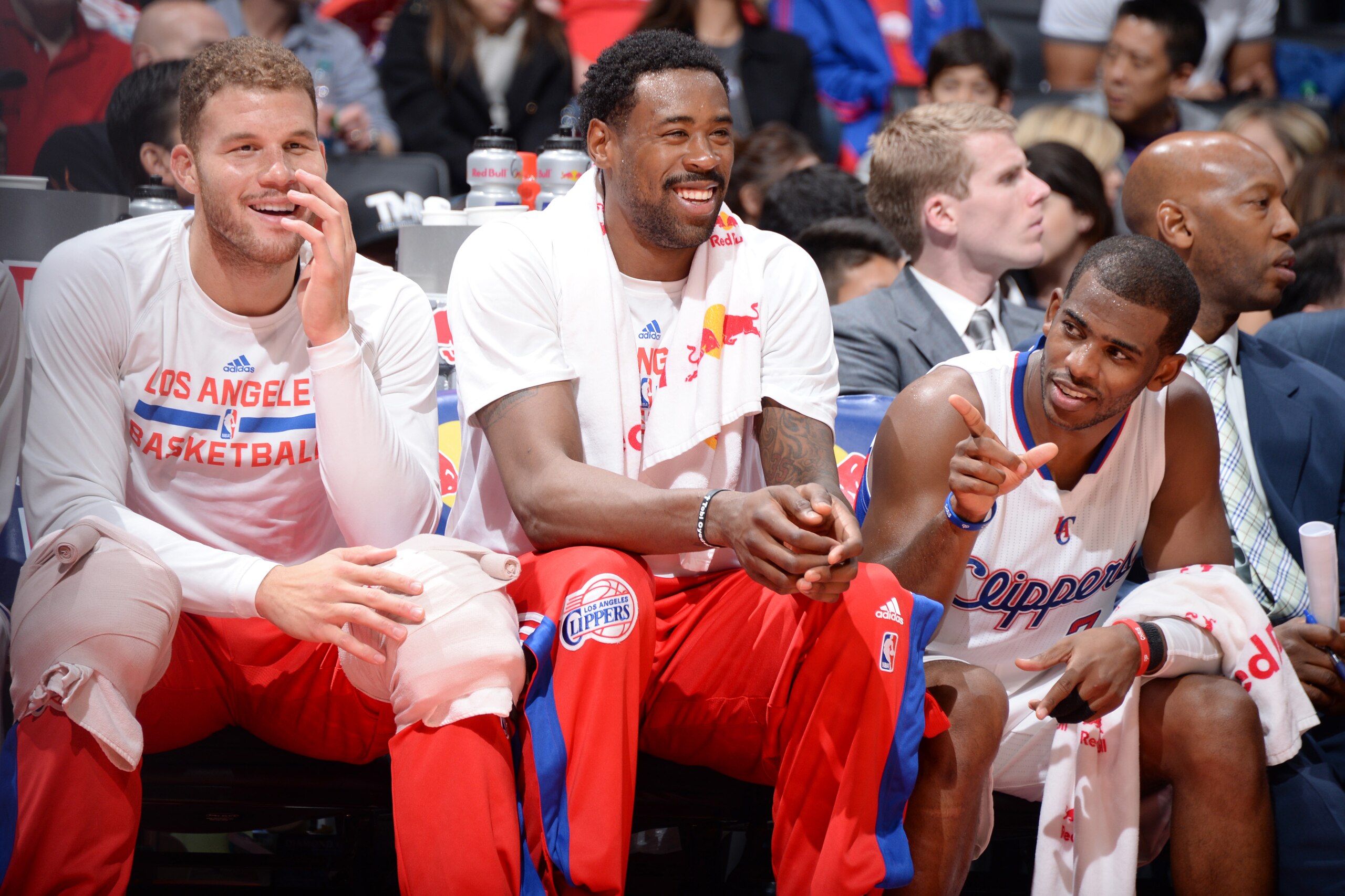 LOS ANGELES, LA -  NOVEMBER 15: Blake Griffin #32, DeAndre Jordan #6 and Chris Paul #3 of the Los Angeles Clippers during the game on November 15, 2014 at STAPLES CENTER in Los Angeles, California. NOTE TO USER: User expressly acknowledges and agrees that