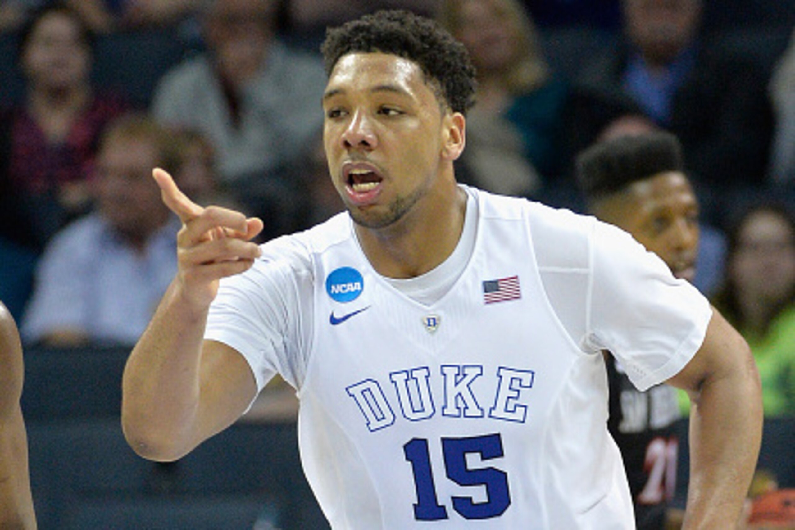 CHARLOTTE, NC - MARCH 22:  Jahlil Okafor #15 of the Duke Blue Devils reacts after a play against the San Diego State Aztecs during the third round of the 2015 NCAA Men's Basketball Tournament at Time Warner Cable Arena on March 22, 2015 in Charlotte, Nort