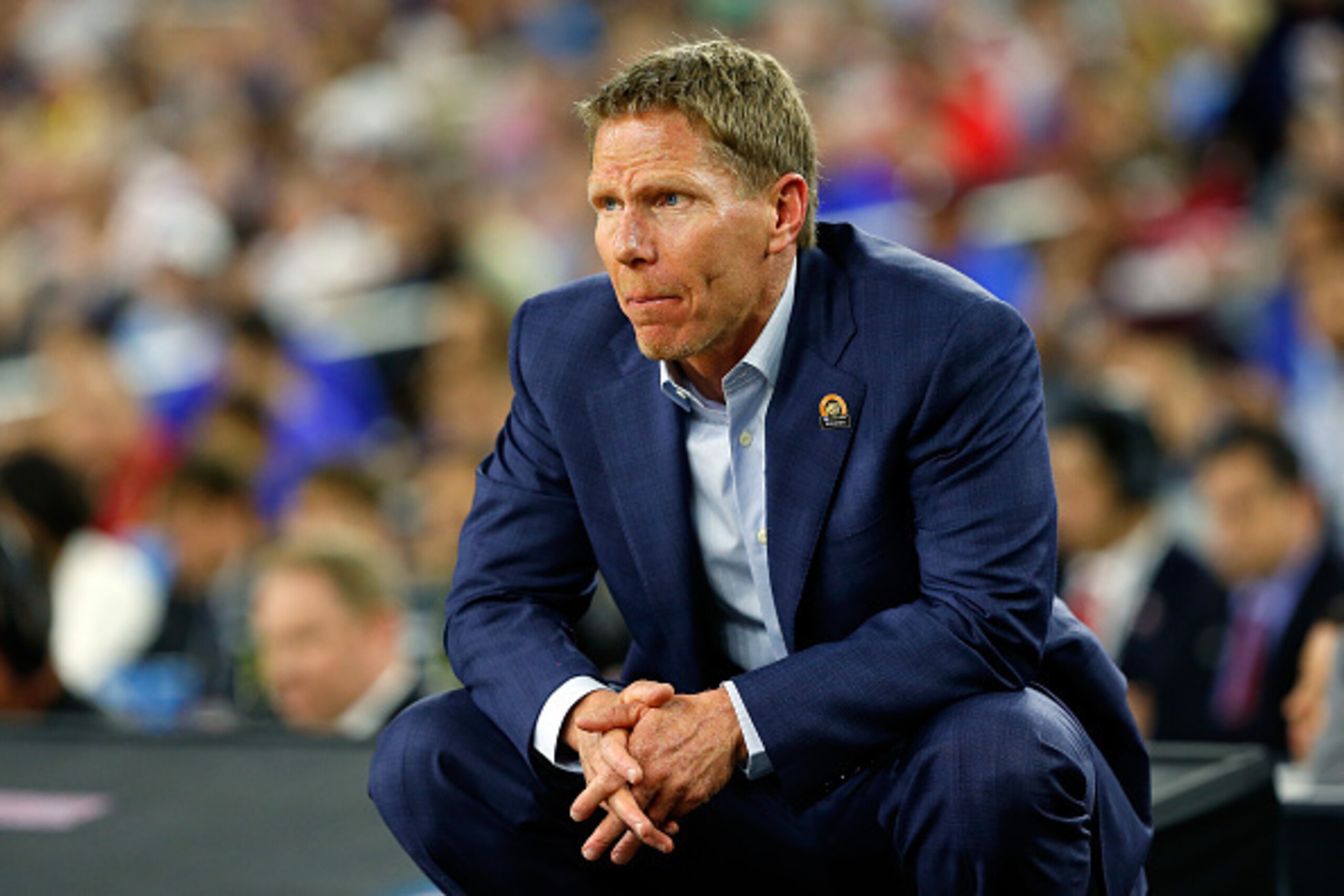 HOUSTON, TX - MARCH 27:  Head coach Mark Few of the Gonzaga Bulldogs reacts against the UCLA Bruins during a South Regional Semifinal game of the 2015 NCAA Men's Basketball Tournament at NRG Stadium on March 27, 2015 in Houston, Texas.  (Photo by Tom Penn