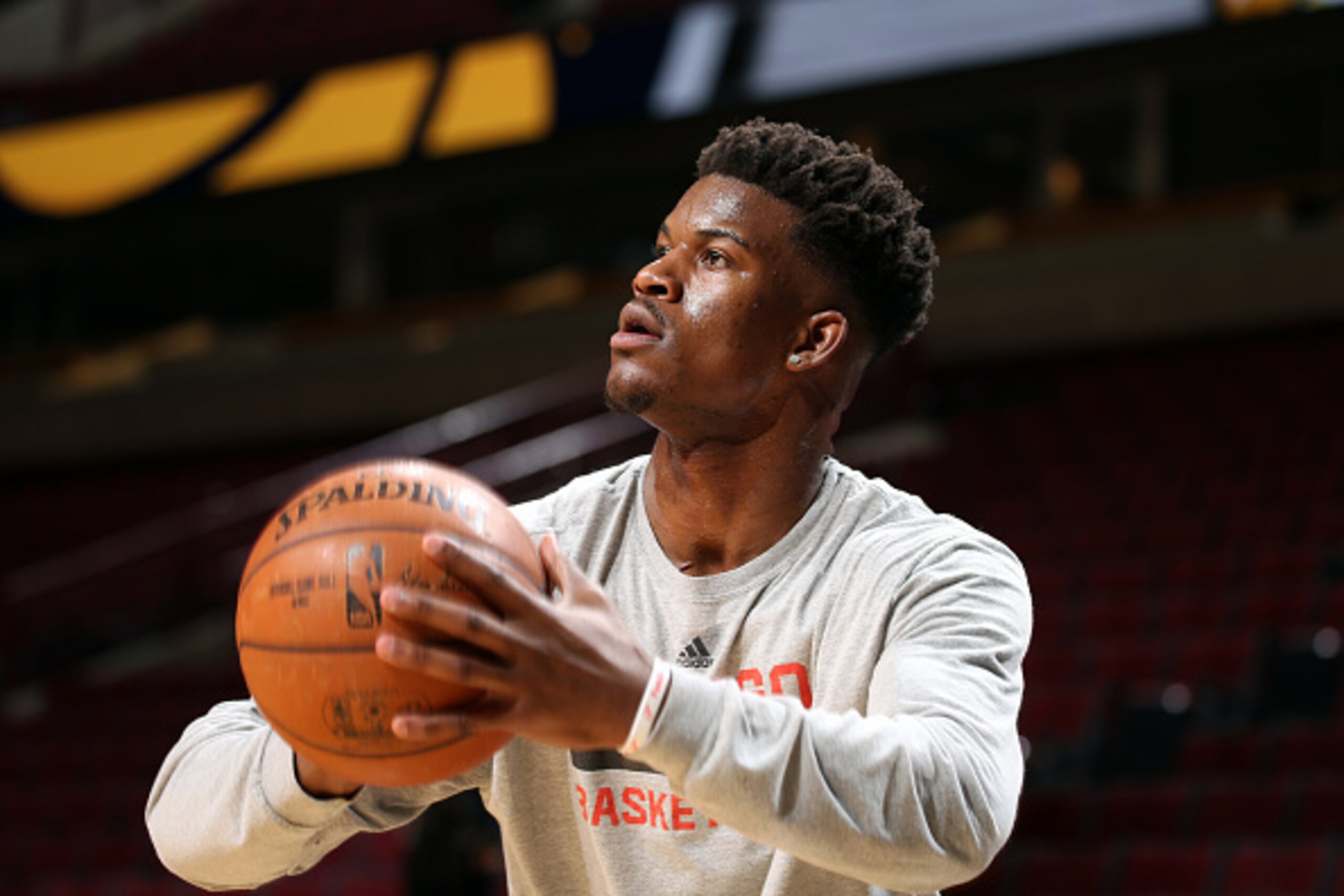 CHICAGO, IL - MARCH 18: Jimmy Butler #21 of the Chicago Bulls warms up before a game against the Indiana Pacers on March 18, 2015 at the United Center in Chicago, Illinois. NOTE TO USER: User expressly acknowledges and agrees that, by downloading and or u