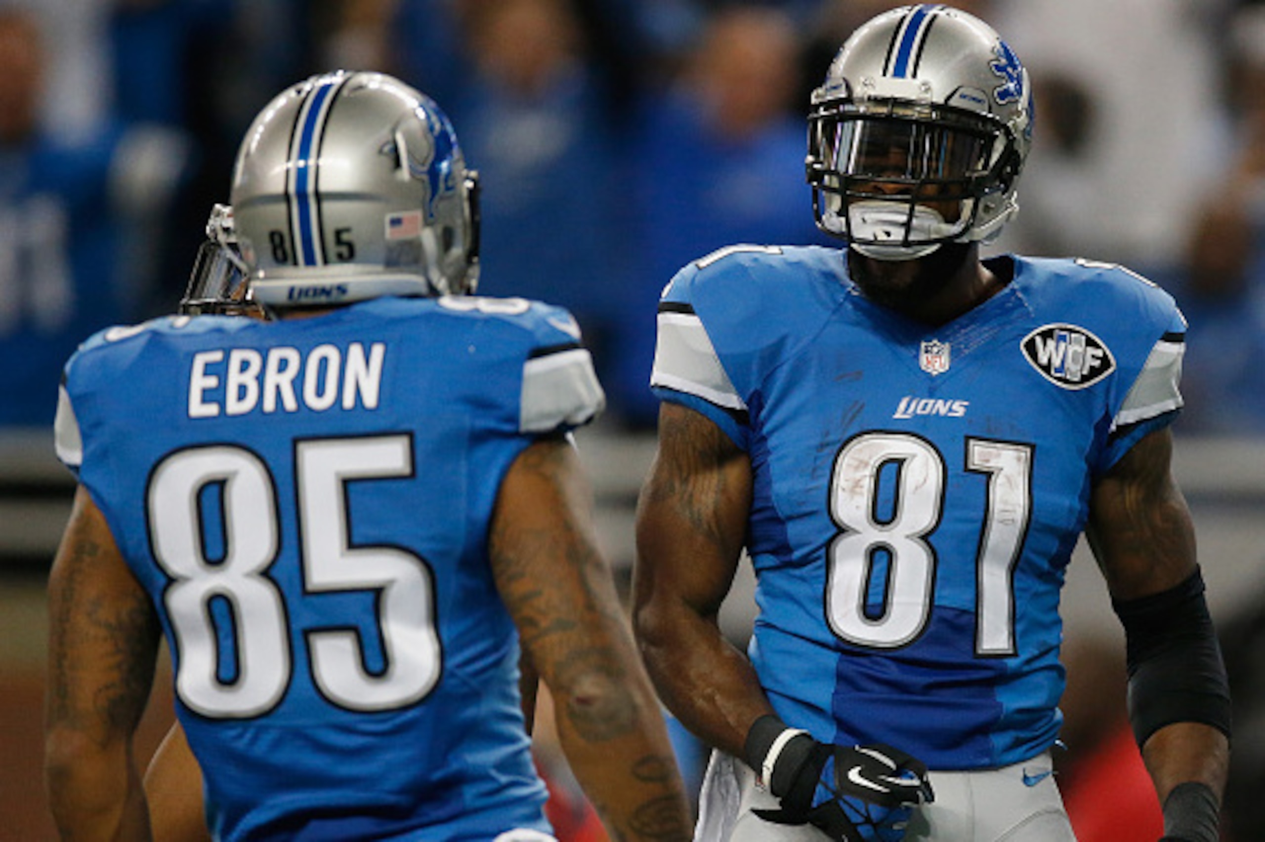 DETROIT, MI - NOVEMBER 27: Calvin Johnson #81 celebrates a second quarter touchdown with Eric Ebron #85 of the Detroit Lions while playing the Chicago Bears at Ford Field on November 27, 2014 in Detroit, Michigan. (Photo by Gregory Shamus/Getty Images)