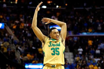 CLEVELAND, OH - MARCH 26: Bonzie Colson #35 of the Notre Dame Fighting Irish celebrates after defeating the Wichita State Shockers during the Midwest Regional semifinal of the 2015 NCAA Men's Basketball Tournament at Quicken Loans Arena on March 26, 2015 