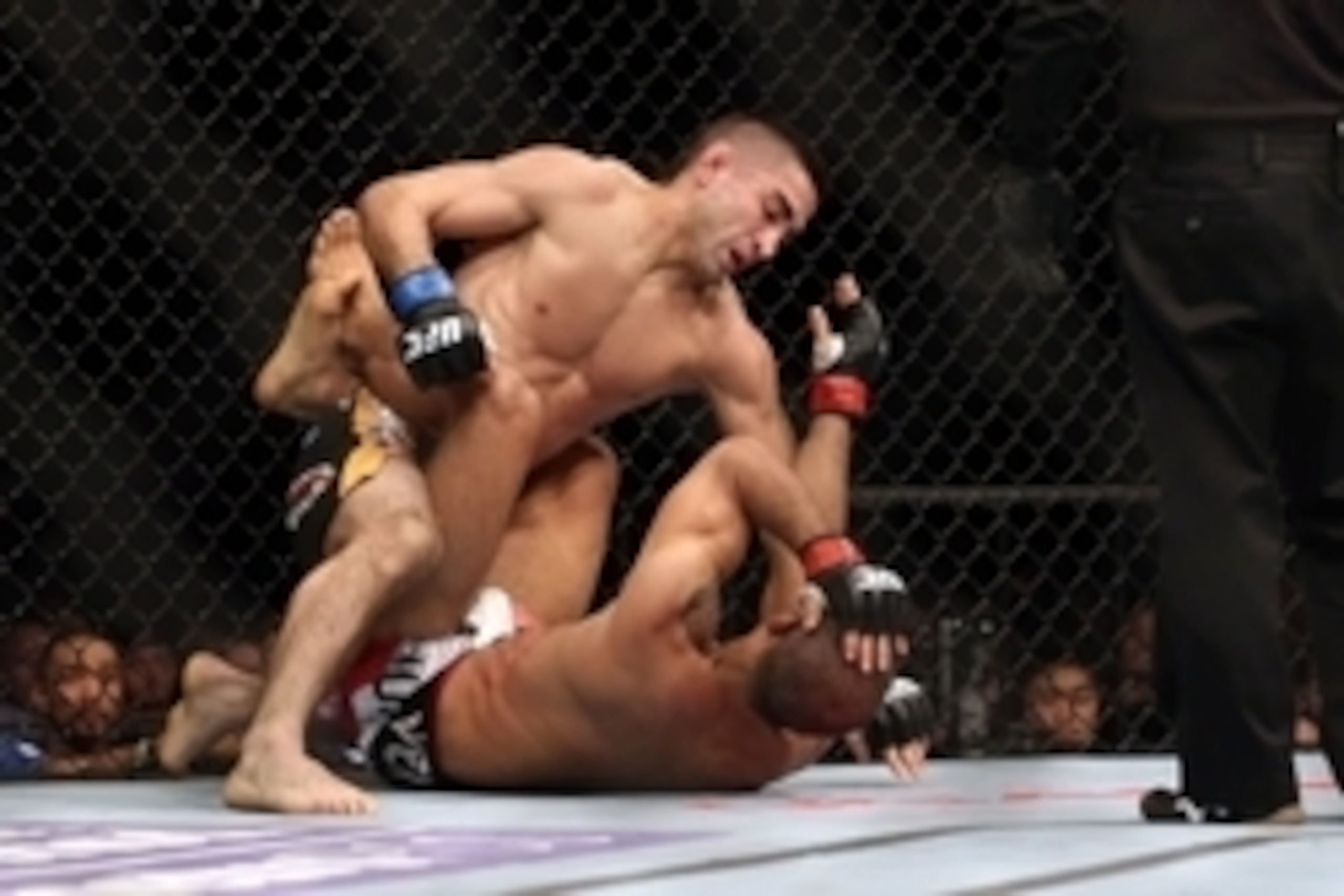 Feb 1, 2014; Newark, NJ, USA; Jose Aldo (red gloves) fights Ricardo Lamas (blue gloves) during UFC 169 at Prudential Center. Mandatory Credit: Joe Camporeale-USA TODAY Sports