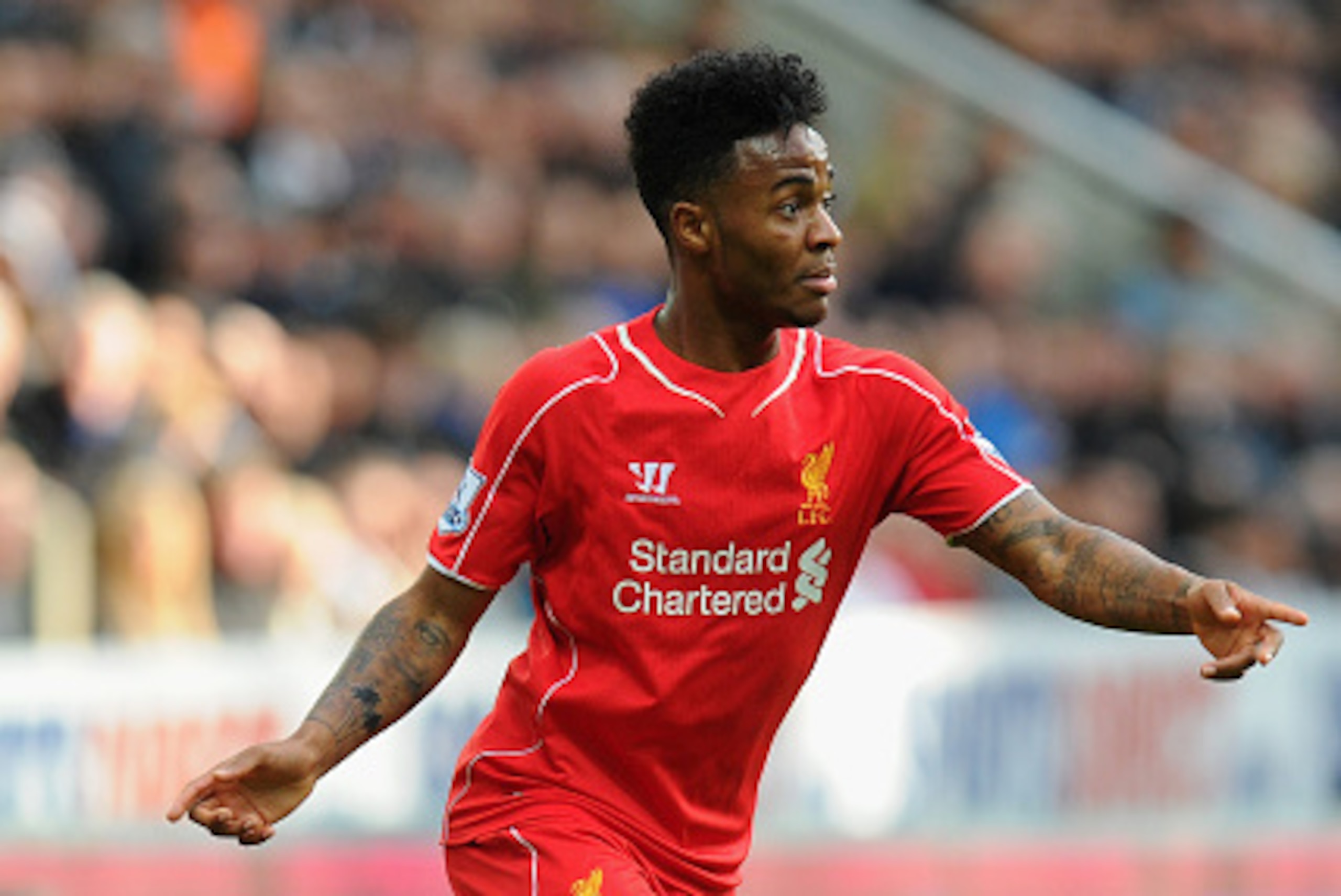 NEWCASTLE UPON TYNE, ENGLAND - NOVEMBER 01:  Liverpool player Raheem Sterling in action during the Barclays Premier League match between Newcastle United and Liverpool at St James' Park on November 1, 2014 in Newcastle upon Tyne, England.  (Photo by Stu F