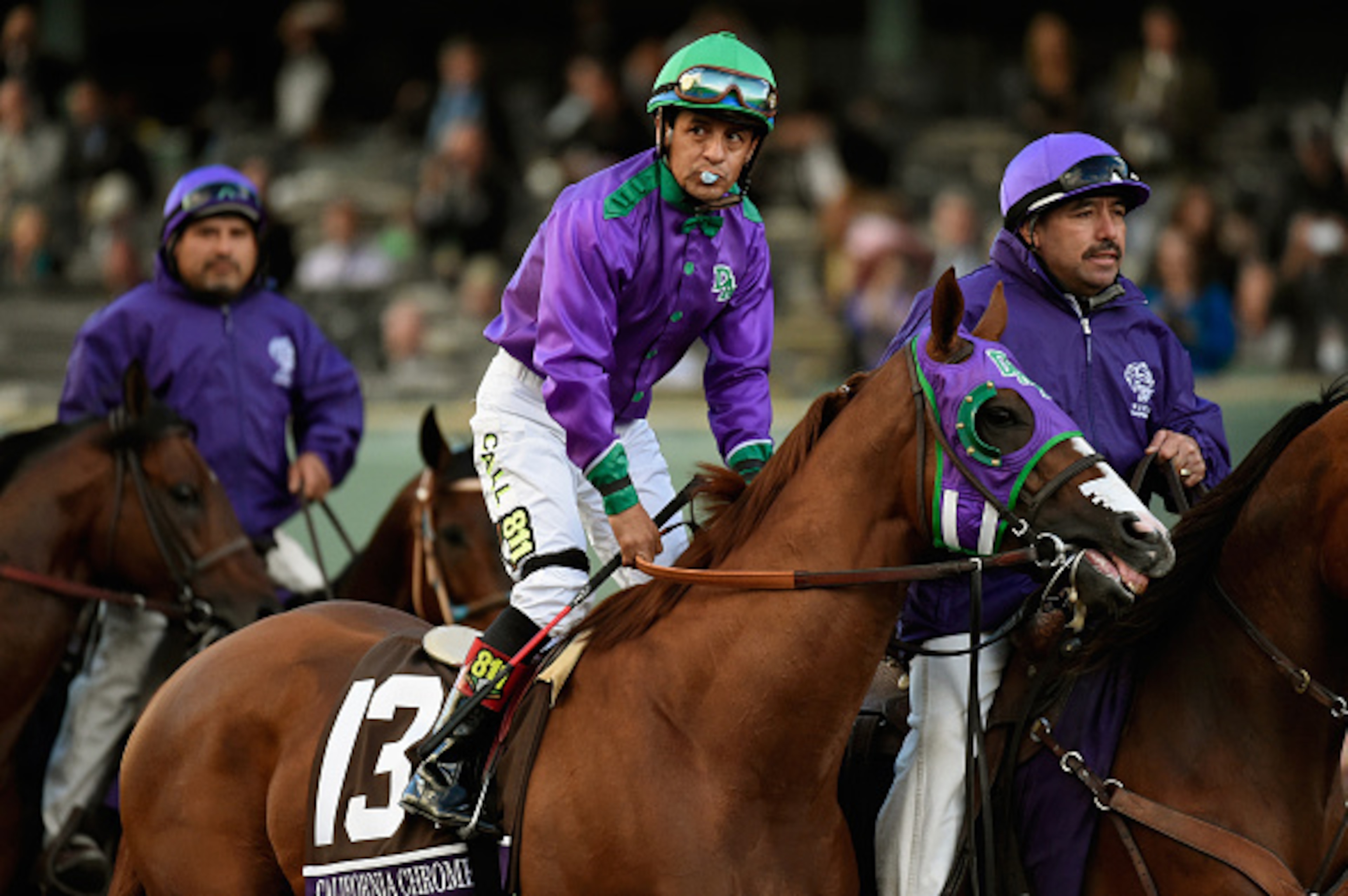 ARCADIA, CA - NOVEMBER 01:  Jockey Victor Espinoza atop California Chrome takes the track for the start of the 2014 Breeders' Cup Classic at Santa Anita Park on November 1, 2014 in Arcadia, California.  (Photo by Kevork Djansezian/Getty Images)