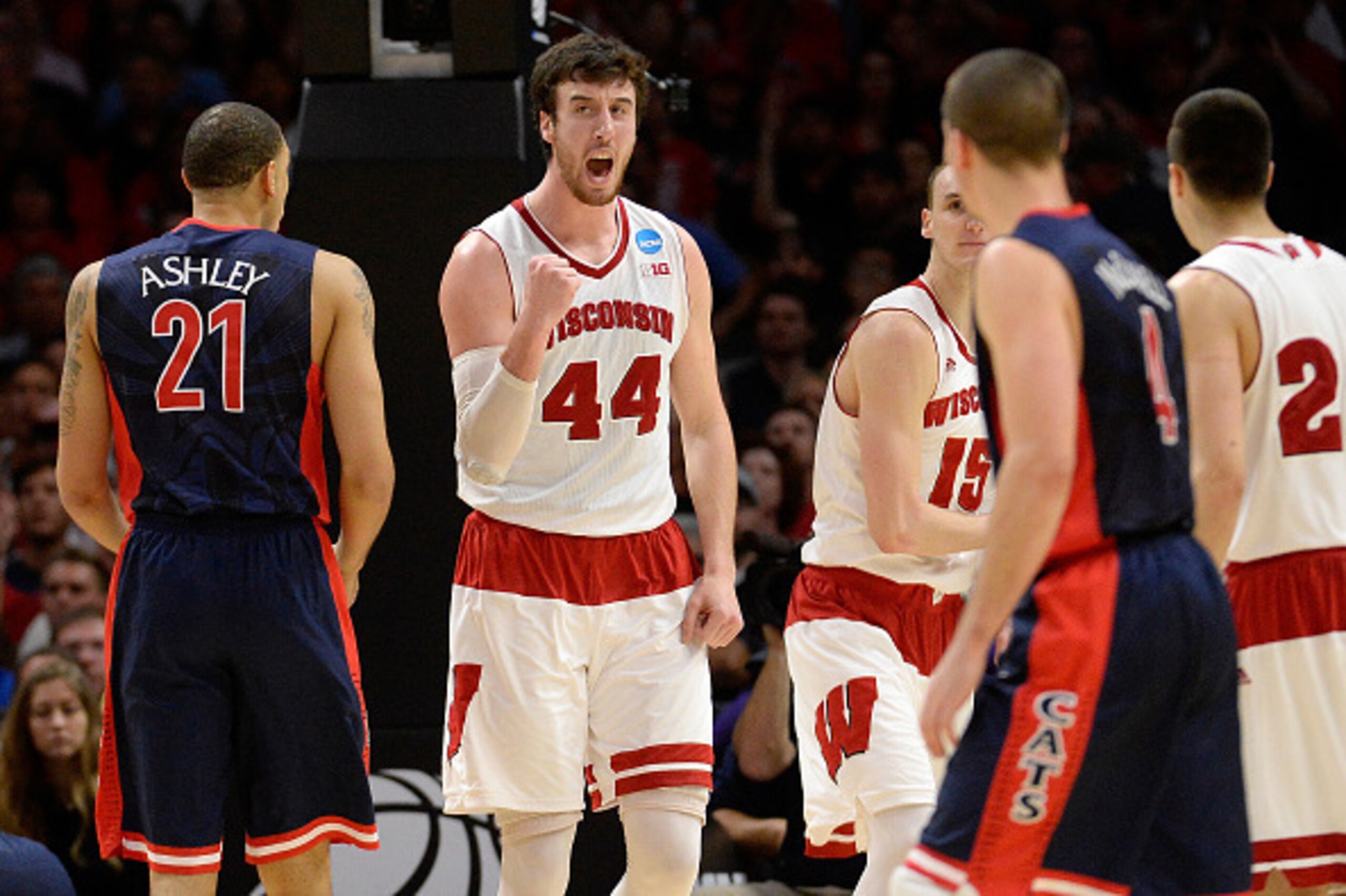 LOS ANGELES, CA - MARCH 28:  Frank Kaminsky #44 of the Wisconsin Badgers reacts in the second half while taking on the Arizona Wildcats during the West Regional Final of the 2015 NCAA Men's Basketball Tournament at Staples Center on March 28, 2015 in Los 