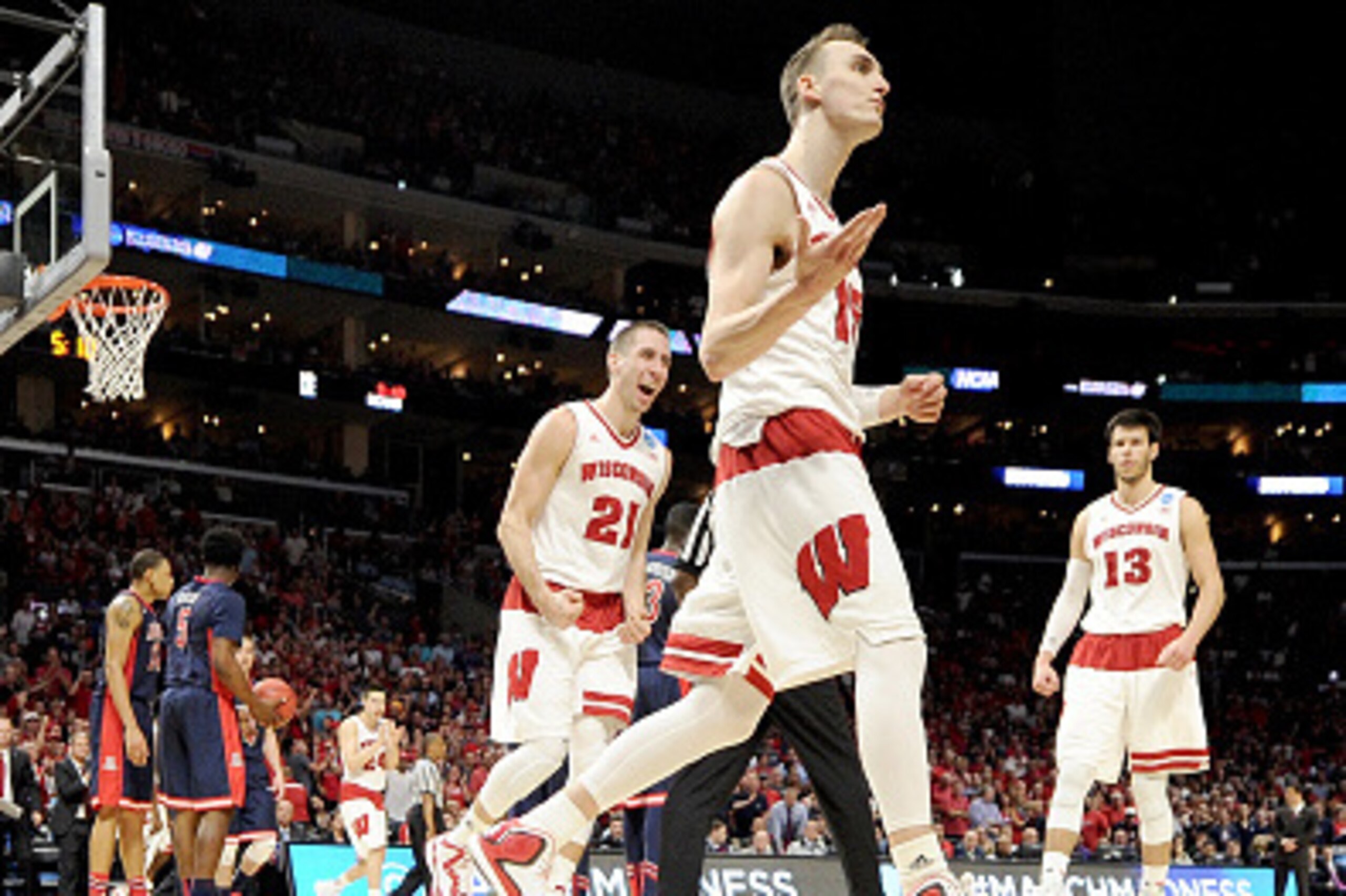 LOS ANGELES, CA - MARCH 28: Sam Dekker #15 of the Wisconsin Badgers reacts in the second half while taking on the Arizona Wildcats during the West Regional Final of the 2015 NCAA Men's Basketball Tournament at Staples Center on March 28, 2015 in Los Ange LOS ANGELES, CA - MARCH 28: Sam Dekker #15 of the Wisconsin Badgers reacts in the second half while taking on the Arizona Wildcats during the West Regional Final of the 2015 NCAA Men's Basketball Tournament at Staples Center on March 28, 2015 in Los Ange