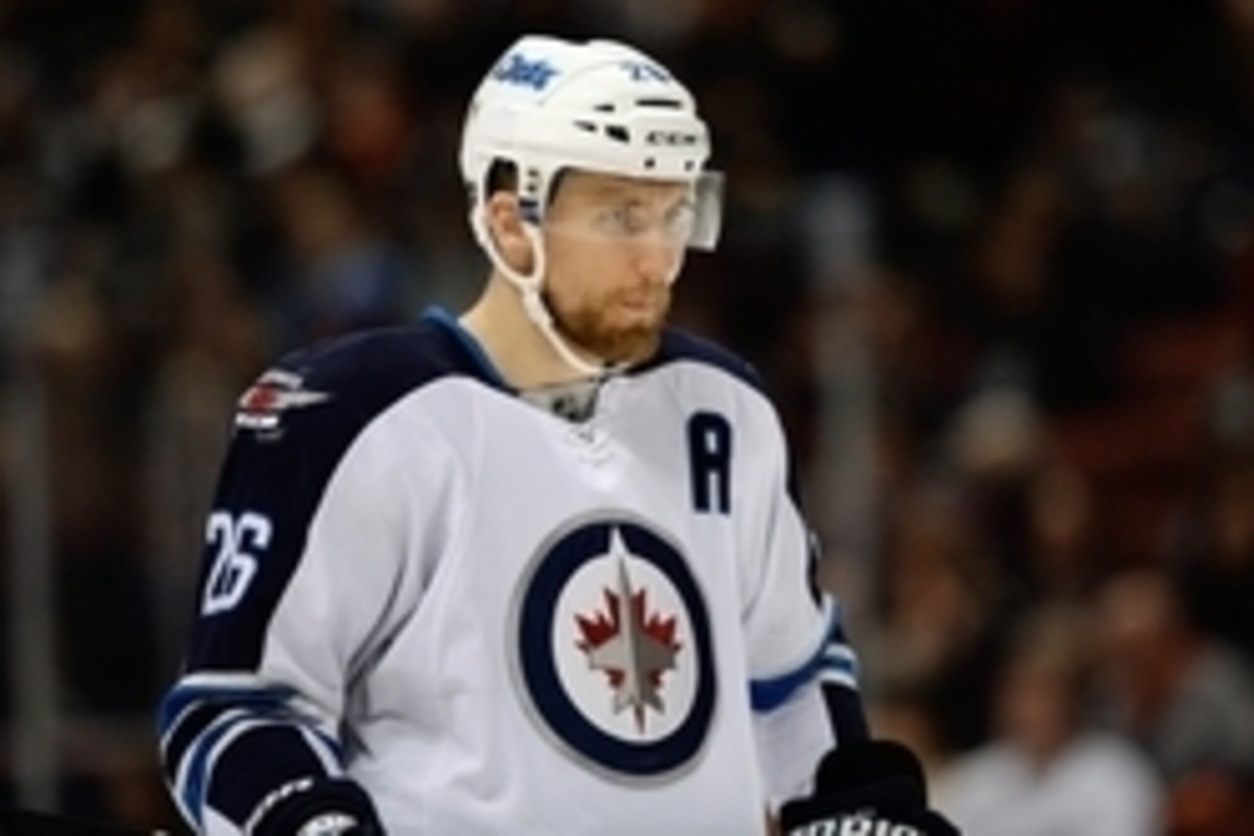 Jan 11, 2015; Anaheim, CA, USA; Winnipeg Jets right wing Blake Wheeler (26) waits during a break in play against the Anaheim Ducks during the first period at Honda Center. Mandatory Credit: Kelvin Kuo-USA TODAY Sports