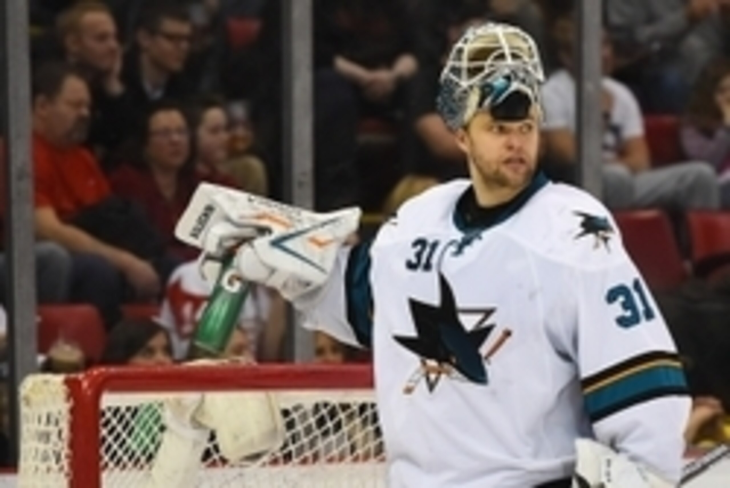 Mar 26, 2015; Detroit, MI, USA; San Jose Sharks goalie Antti Niemi (31) looks on during the third period against the Detroit Red Wings at Joe Louis Arena. The Sharks won 6-4. Mandatory Credit: Jasen Vinlove-USA TODAY Sports